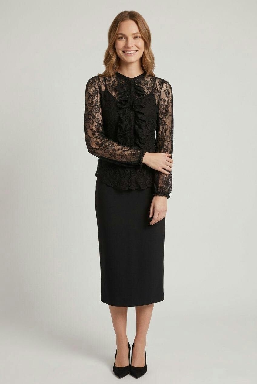 Izabel London Black Semi Sheer Lace Ruffle Front Blouse - 14