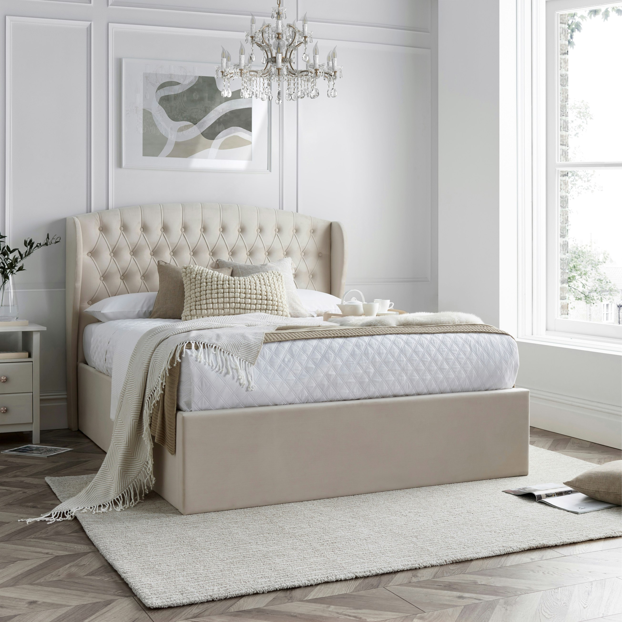 Rackhams Grey Warwick Natural Velvet Ottoman Bed - King Size