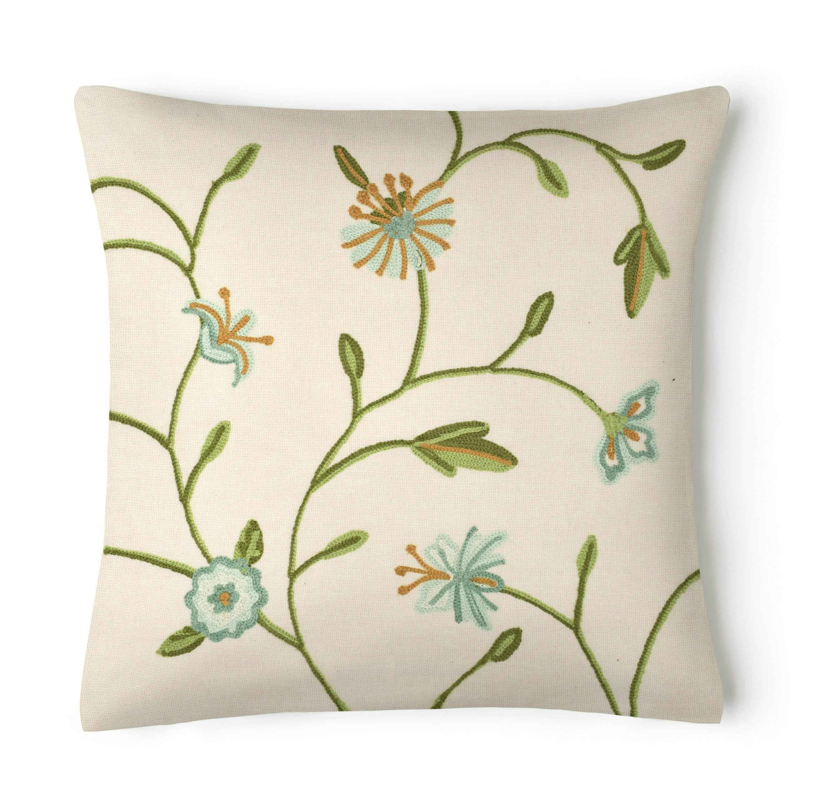 Velosso Green/Blue Floral Embroidered Cushion - 43Cm X 43Cm - Duck Egg