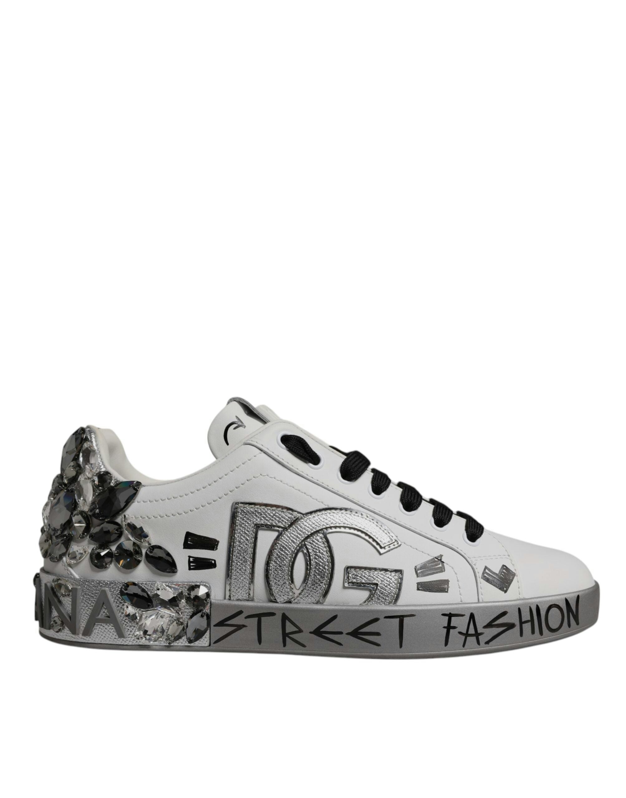 Dolce & Gabbana Men's White Crystal Logo Embellished Calf Leather Portofino Sneakers - Size 42 Eu