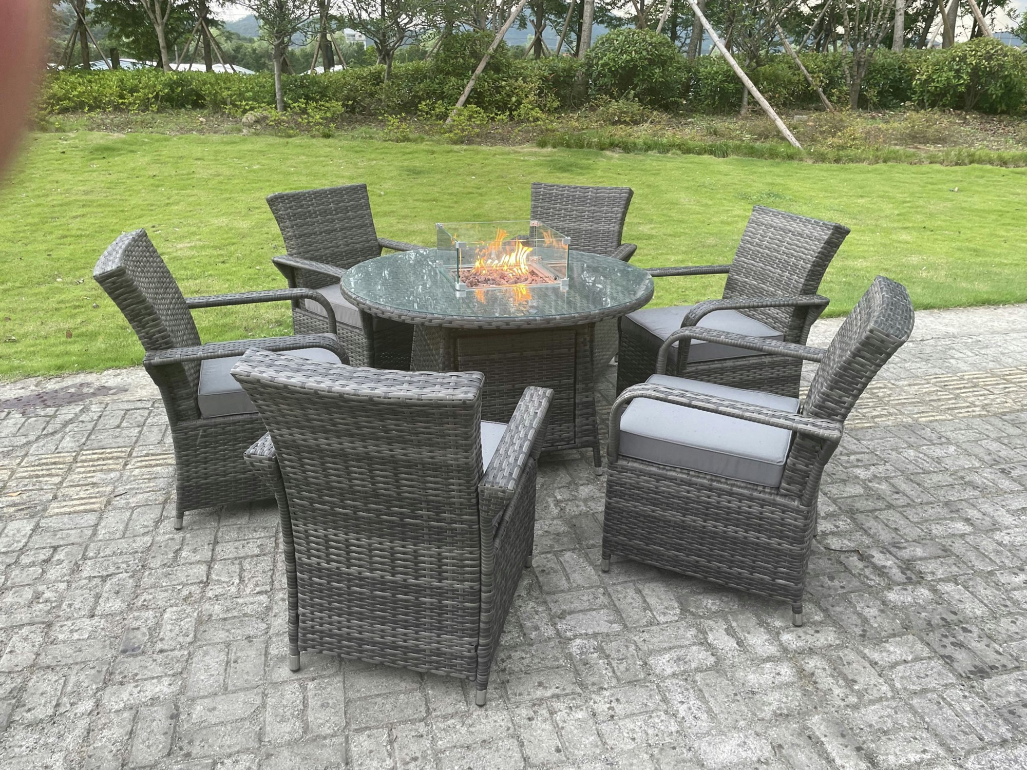 Rackhams Dark/Grey Rattan Garden Furniture Gas Fire Pit Rectangle Round Dining Table And Dining Chairs 6 Seater + Round Table