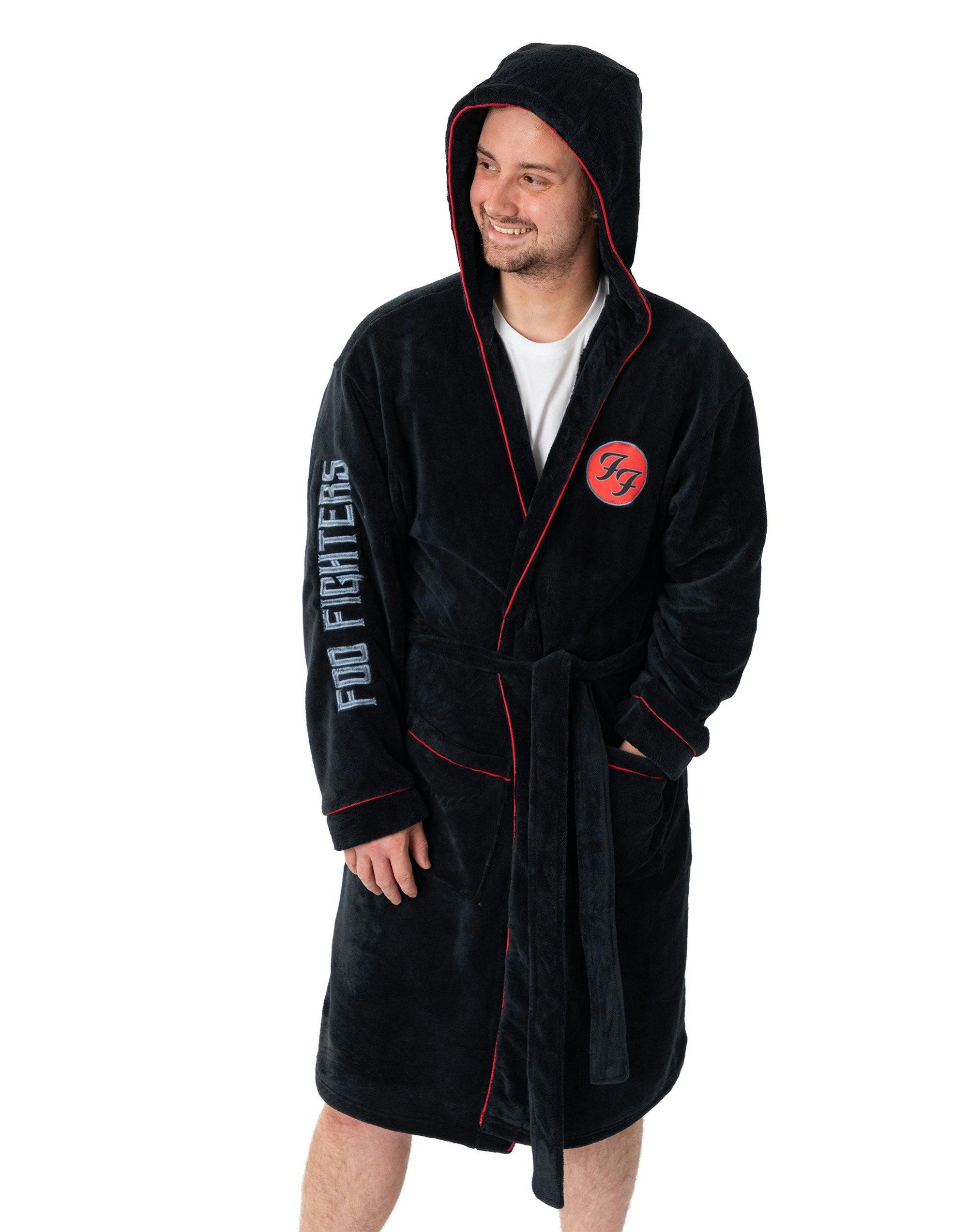 Vanilla Underground Men's Black Foo Fighters Logo Hooded Bathrobe - Medium