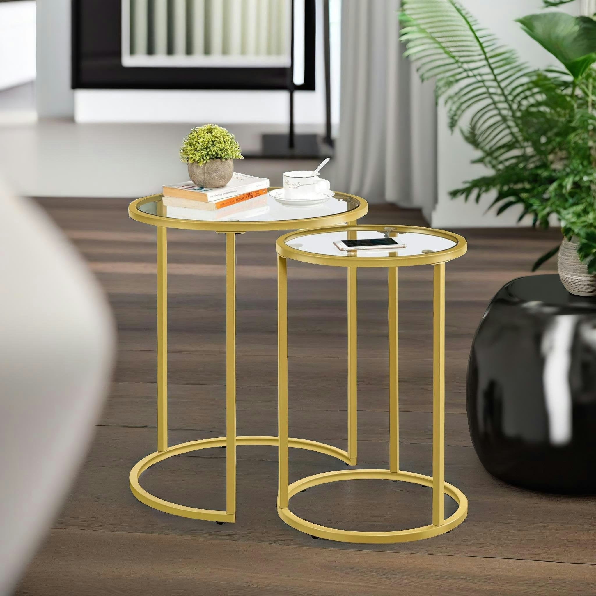 Rafaelo Mobilia Gold Set Of 2 Round Nesting Tables With Tempered Glass