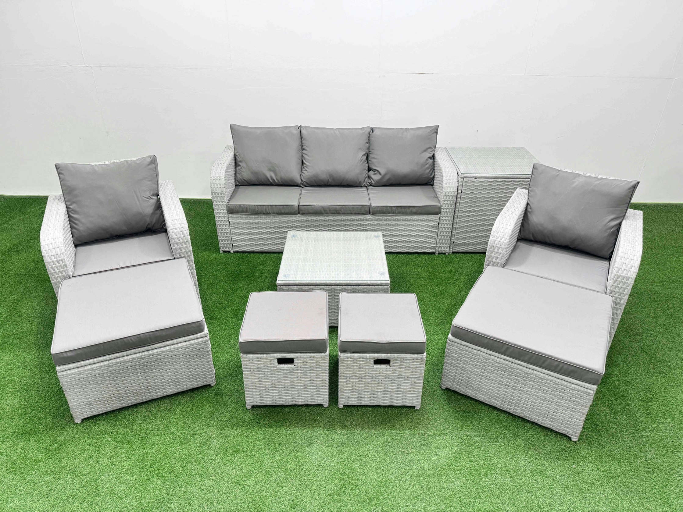 Fimous Light/Grey Outdoor Garden Furniture Set Pe Rattan Lounge Sofa Set With Coffee Table 3 Seater Sofa 4 Footstools Side Table