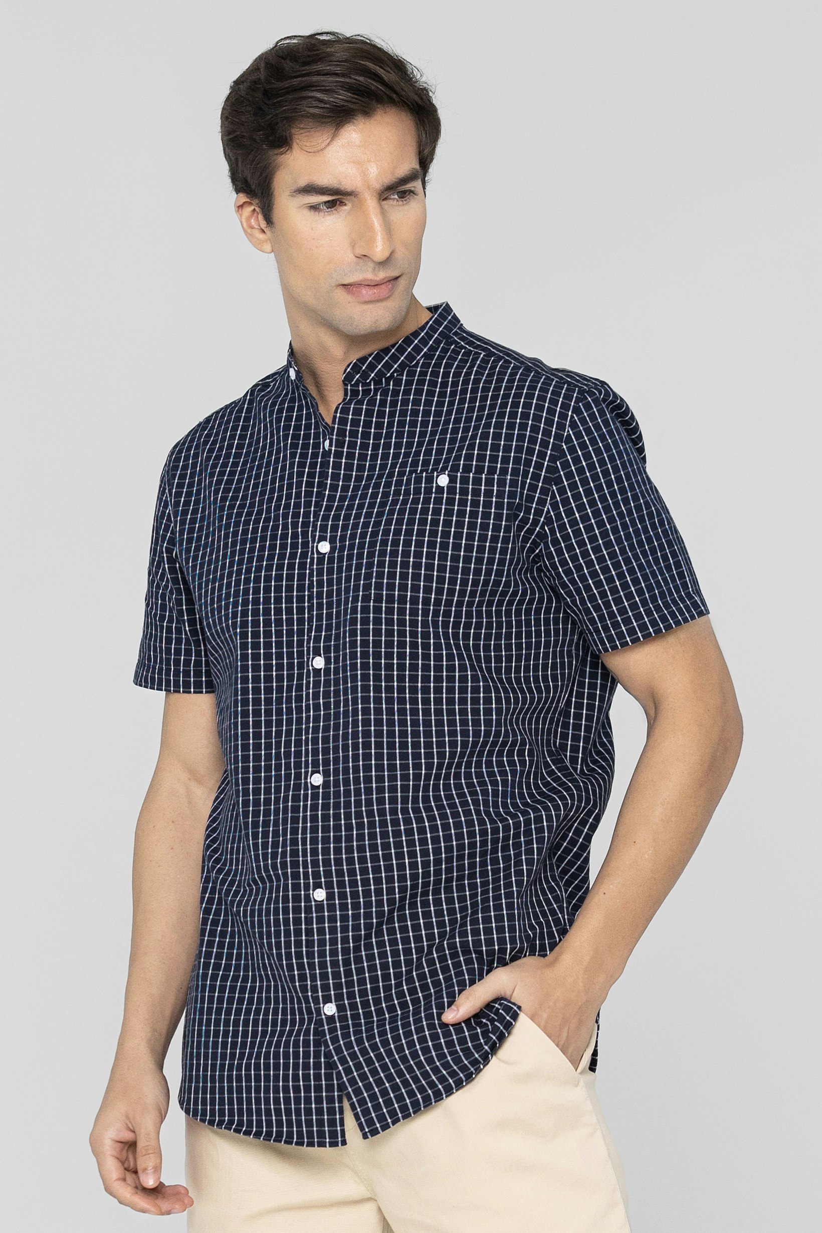 Enorsia Black Check Grandad Collar Short Sleeve Shirt - L - 100% Cotton.
