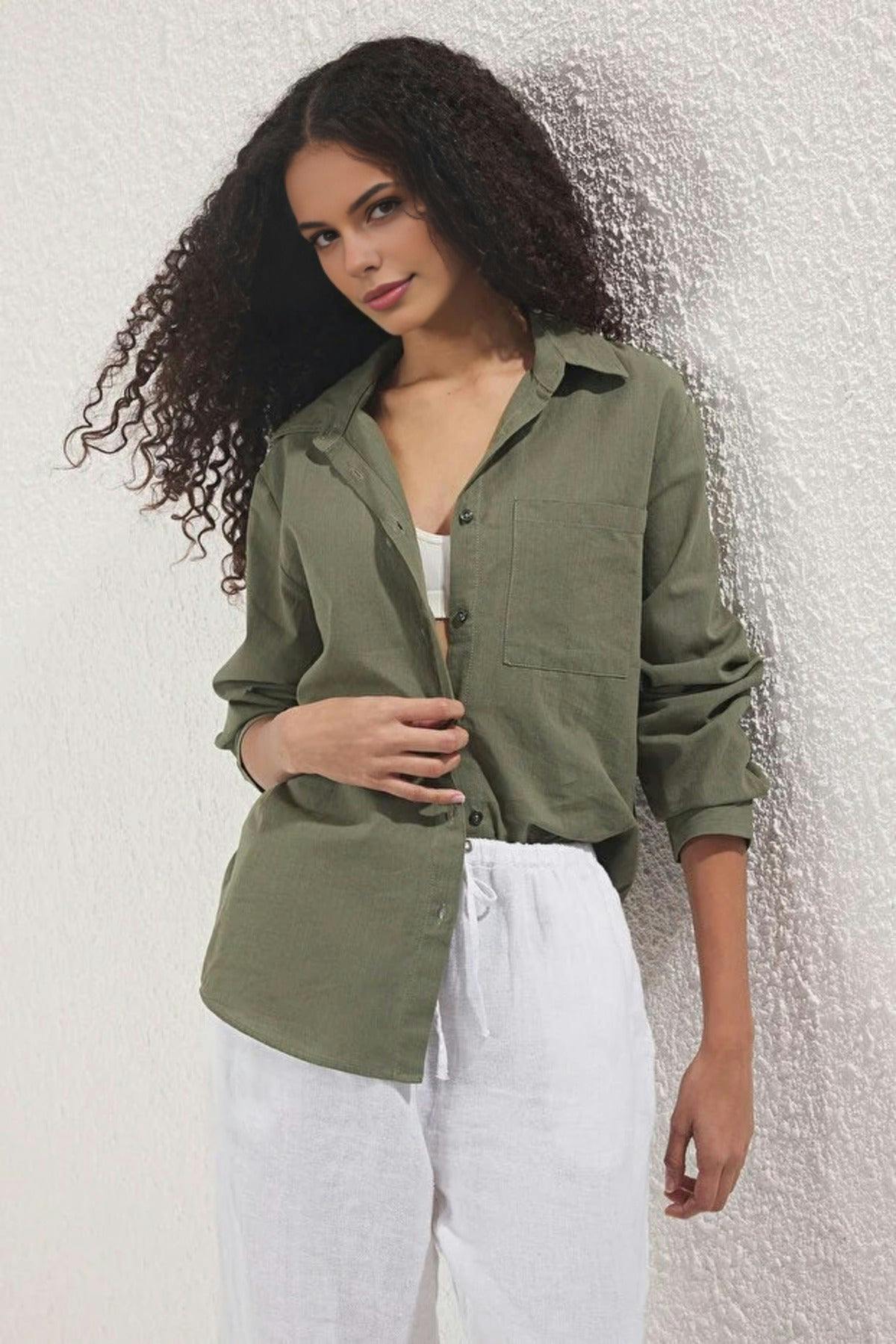 Wovcor Linen Look Oversized Woven Shirt - Khaki - 10