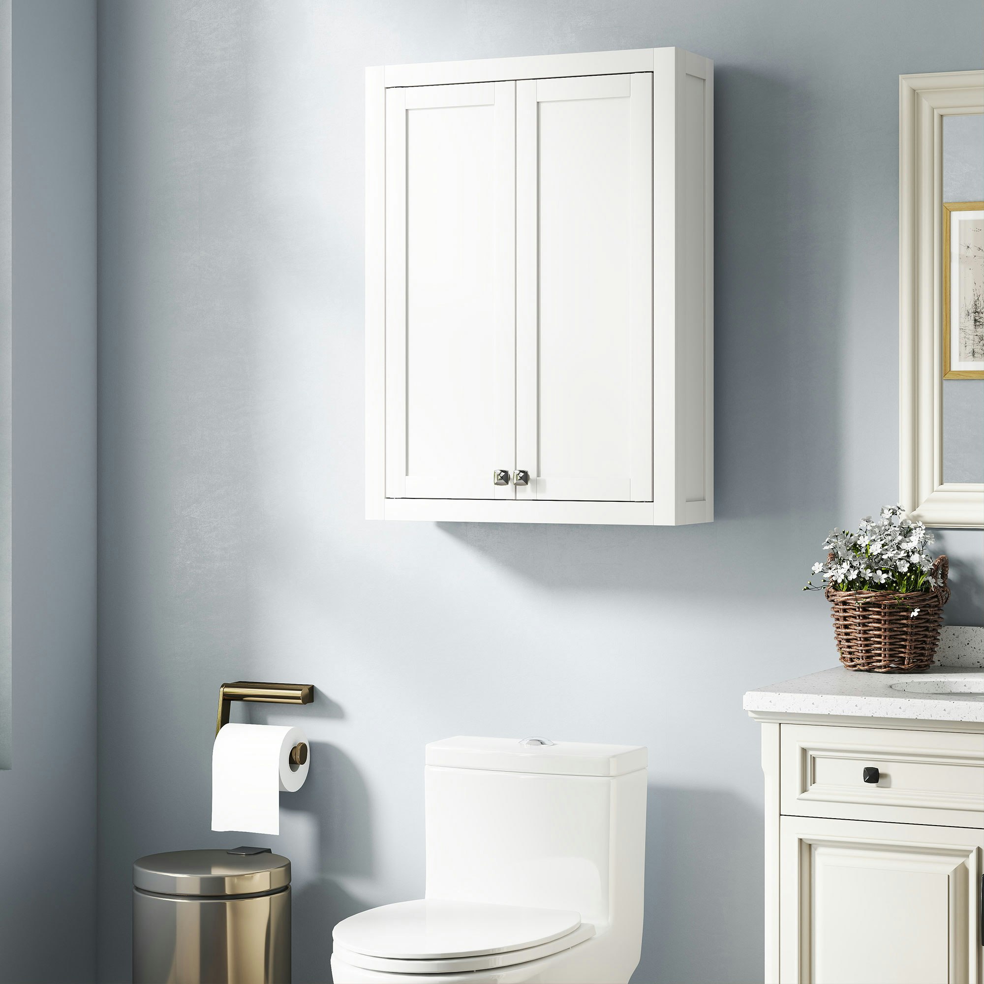 Rackhams White Wall Mounted Storage With Adjustable Shelves, Bathroom Wall Cabinet - 1 - 61W X 20D X 84H Cm