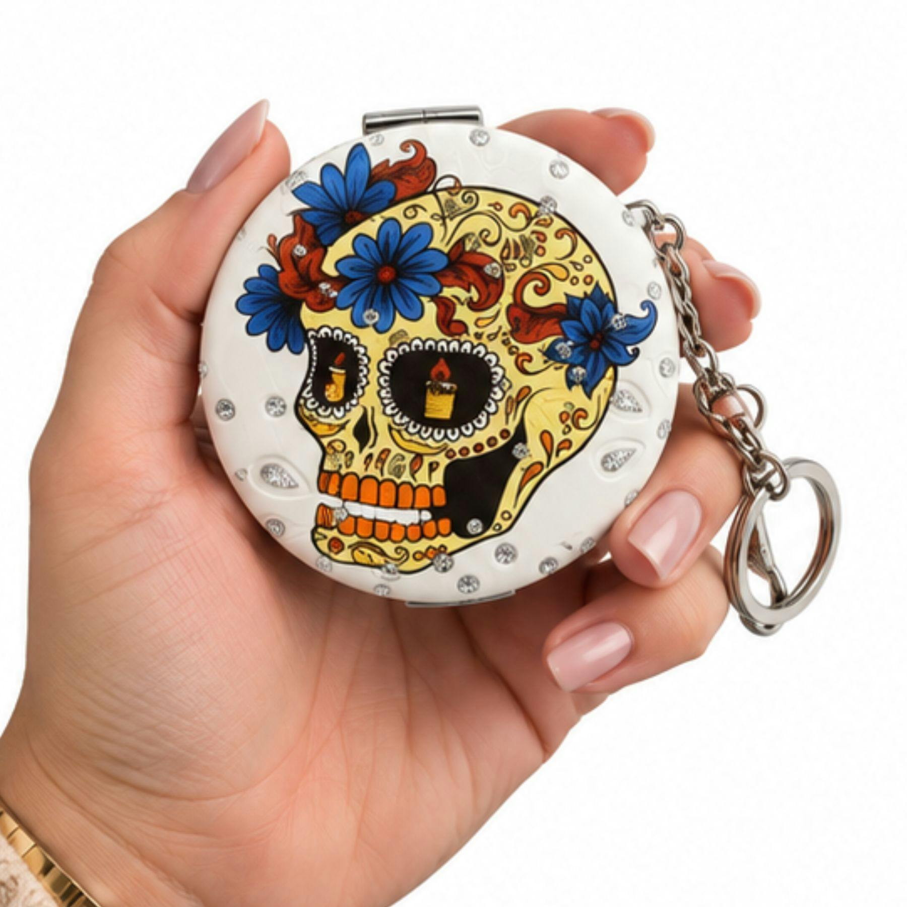 Love Emvy White/Yellow Sparkly Sugar Skull Compact Mirror - With Face