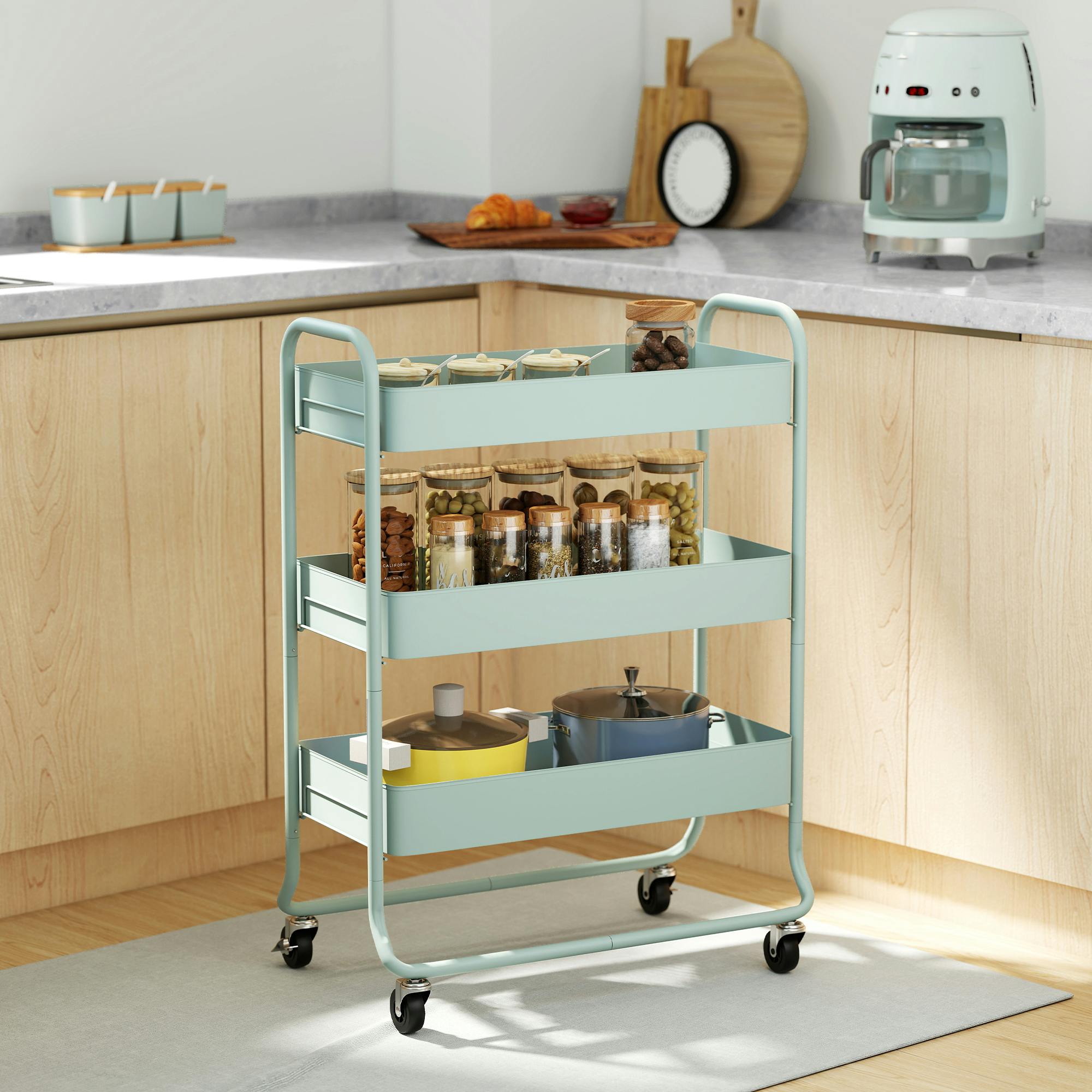 Homcom Light/Green 3-Tier Storage Trolley, Storage Cart With Mesh Backets, Wheels
