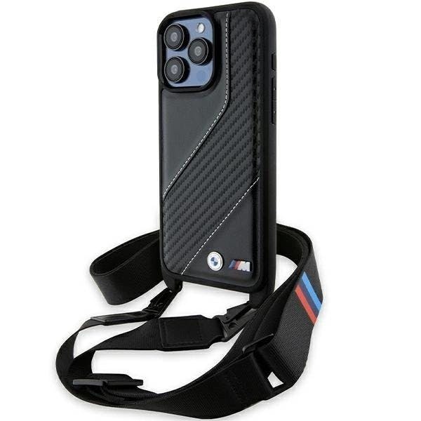 Bmw Black M Edition Carbon Stripe With Strap Hard Case For Iphone 15 Pro 6.1" - Bmhcp15l23pscck