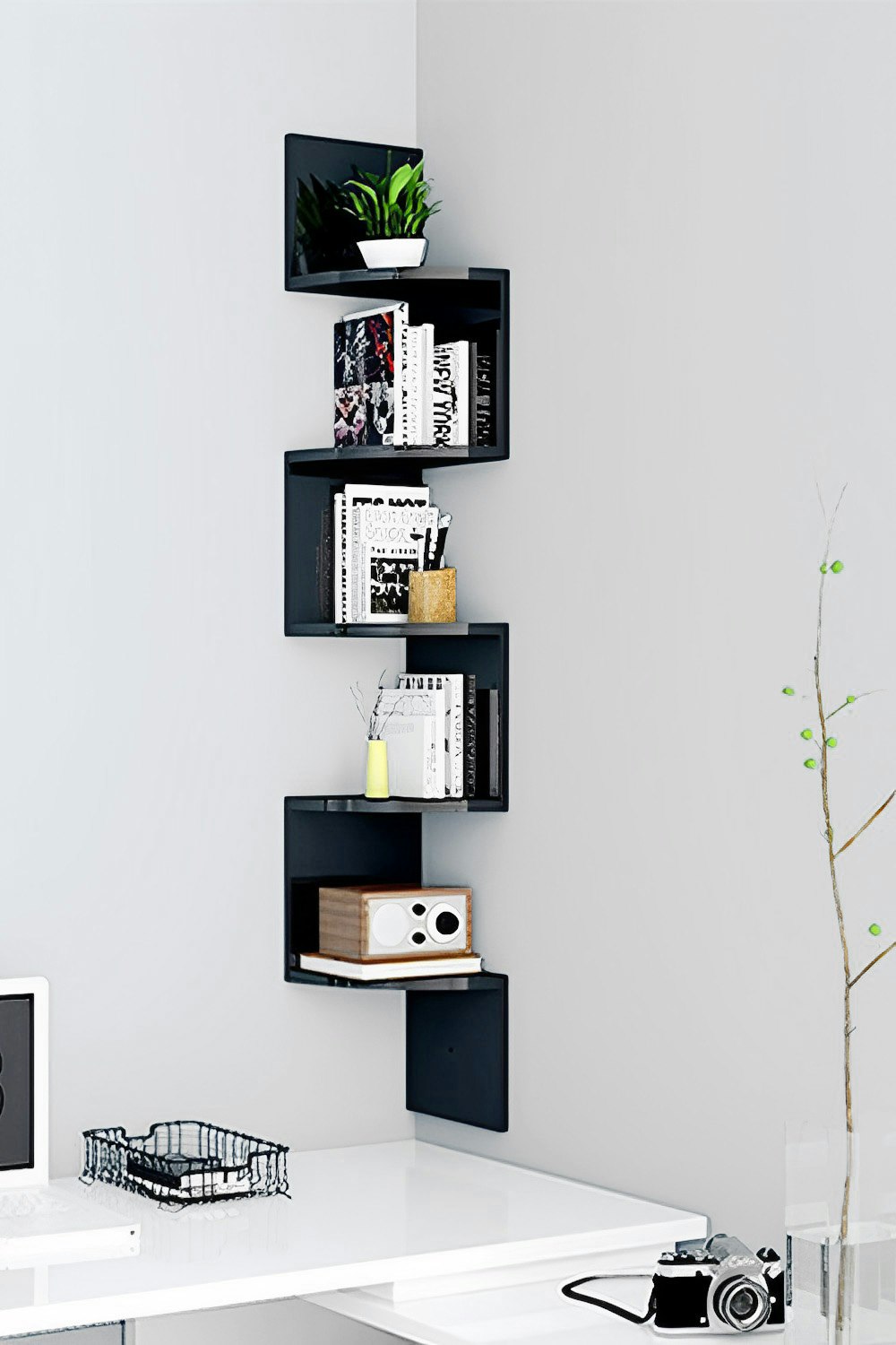 Rackhams Black 5-Tier Wooden Zigzag Floating Corner Shelves Bookshelf