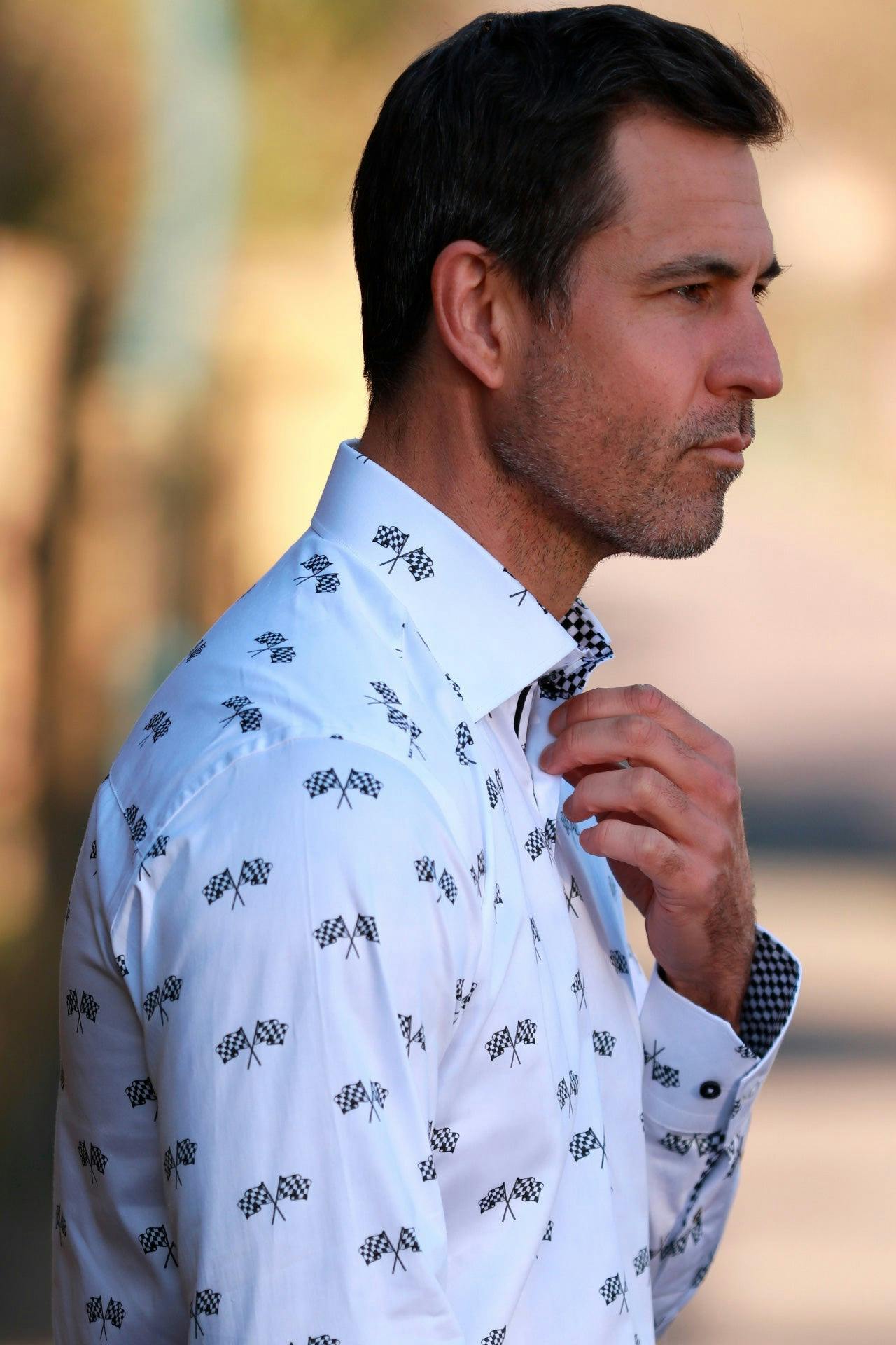Claudio Lugli Men's White Racing Flag Motorsport Print Shirt - 6XL