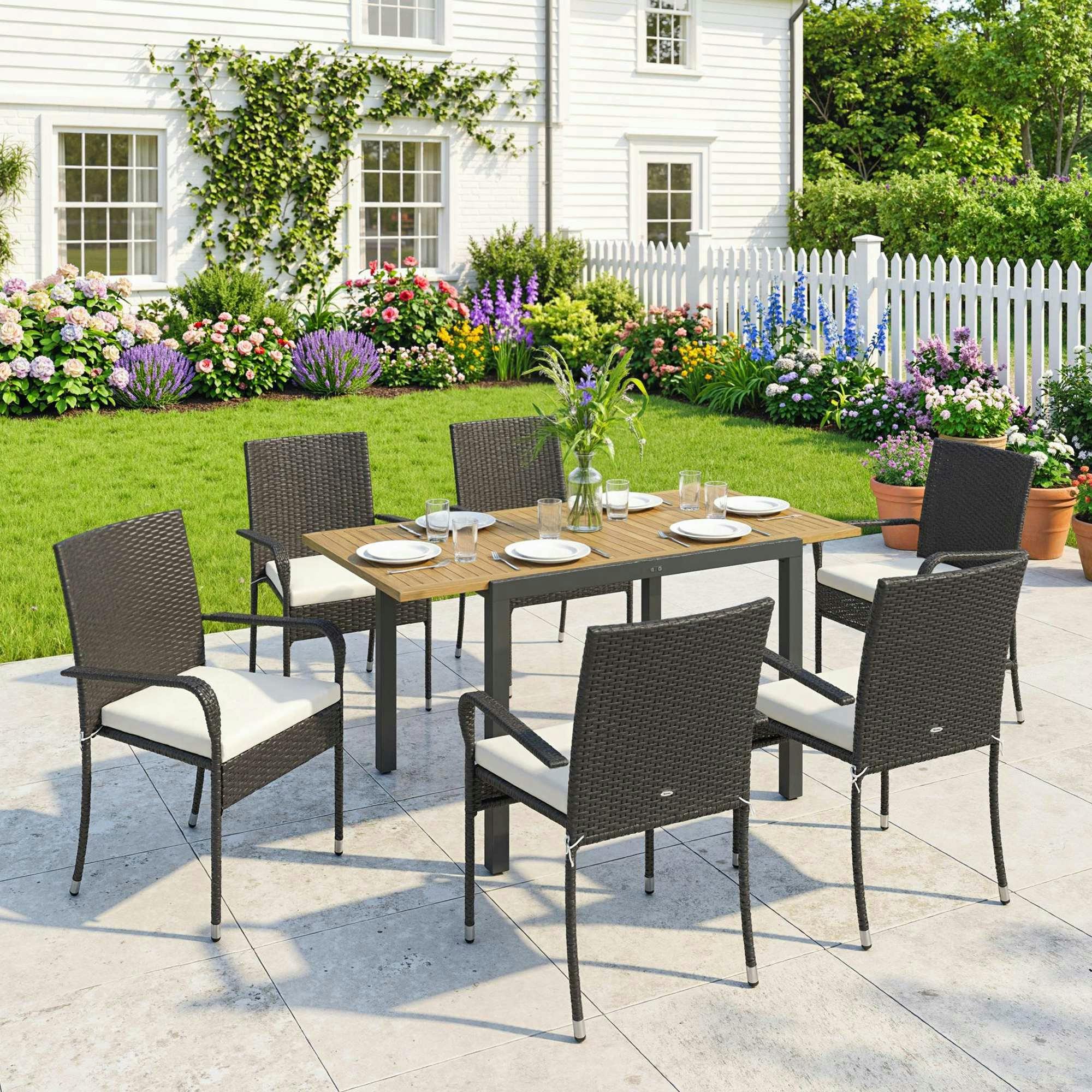 Outsunny Cream/White 6 Seater Rattan Garden Furniture Set With Stackable Chairs
