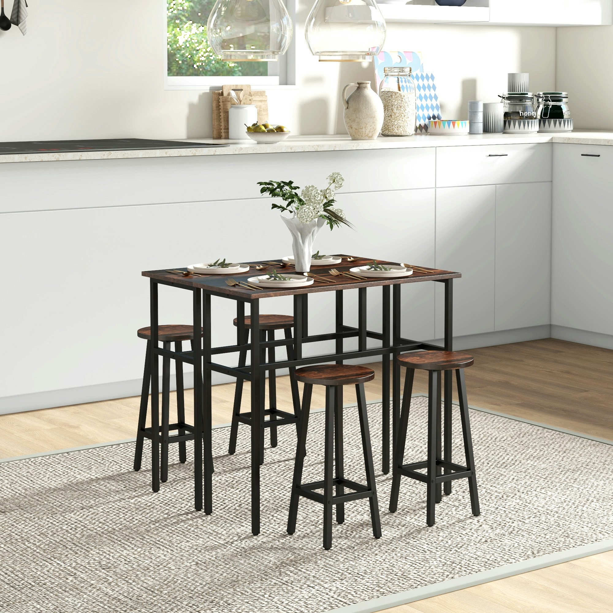 Homcom Grey/Brown 6-Piece Industrial Bar Table Set, 2 Kitchen Tables With 4 Stools, - Rustic