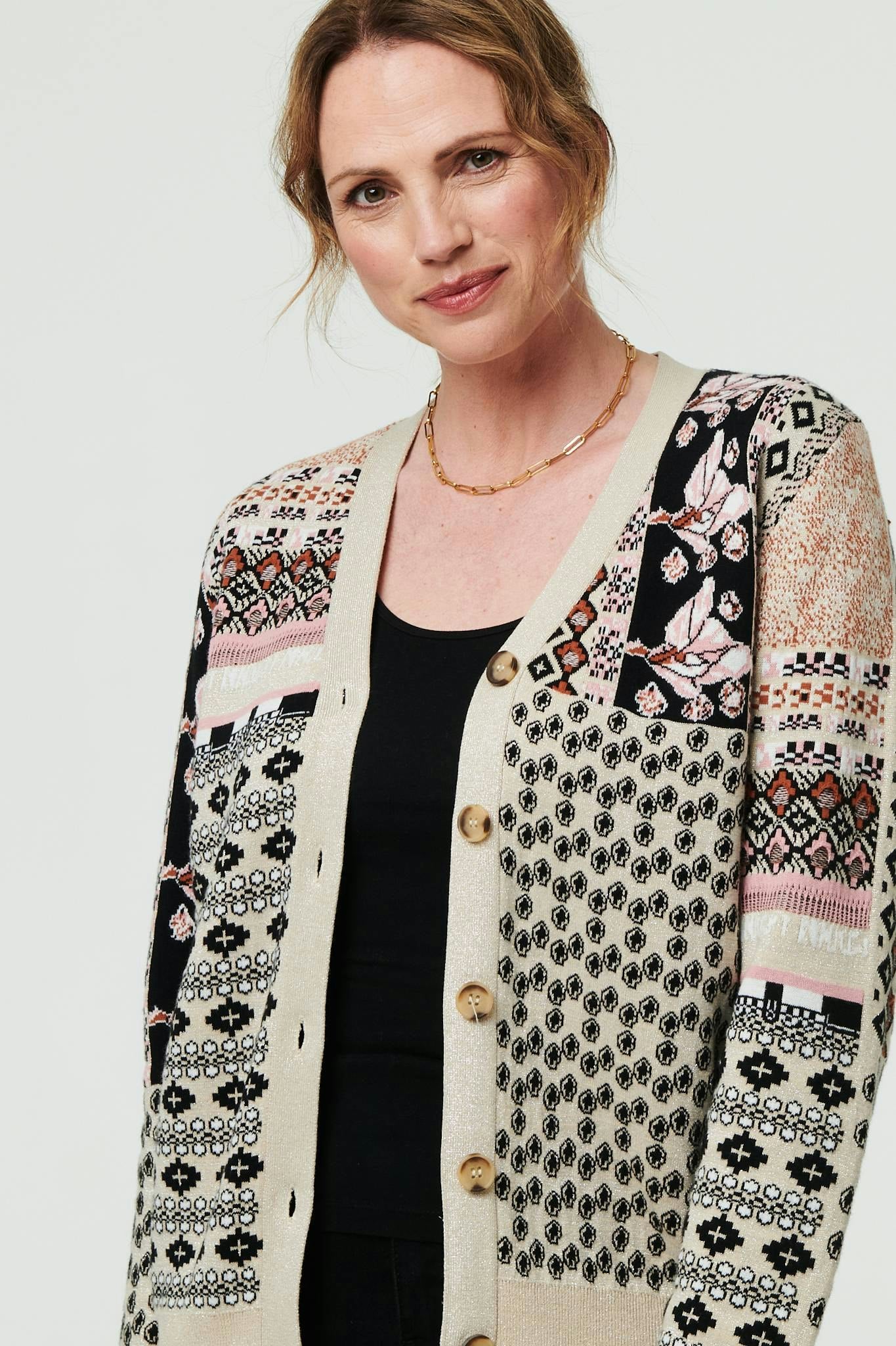 Izabel London Cream Patchwork Print Long Sleeve Cardigan - 10
