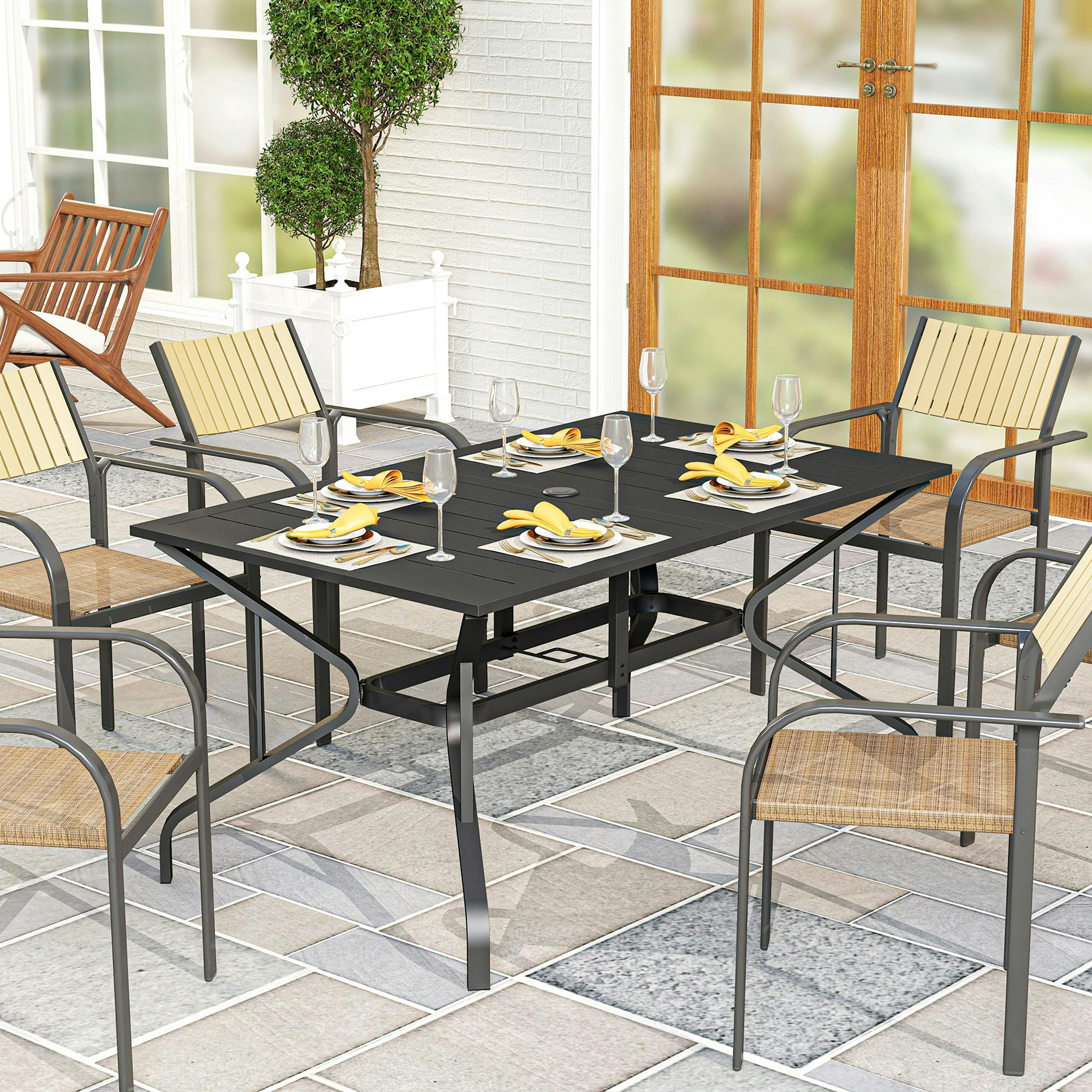 Outsunny Black Garden Dining Table With Steel Frame And Slatted Top For Balcony
