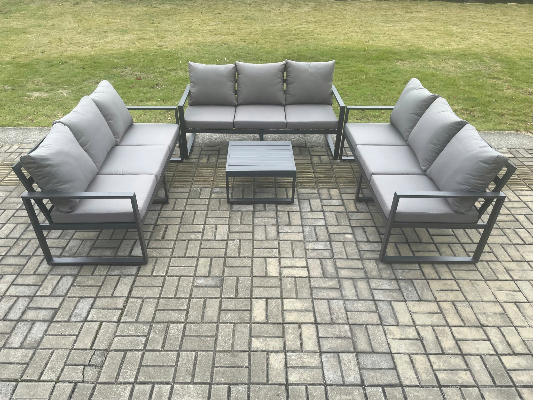 Fimous Dark/Grey Aluminium 9 Seater Outdoor Garden Furniture Set Patio Lounge Sofa With Square Coffee Table Conservatory Set