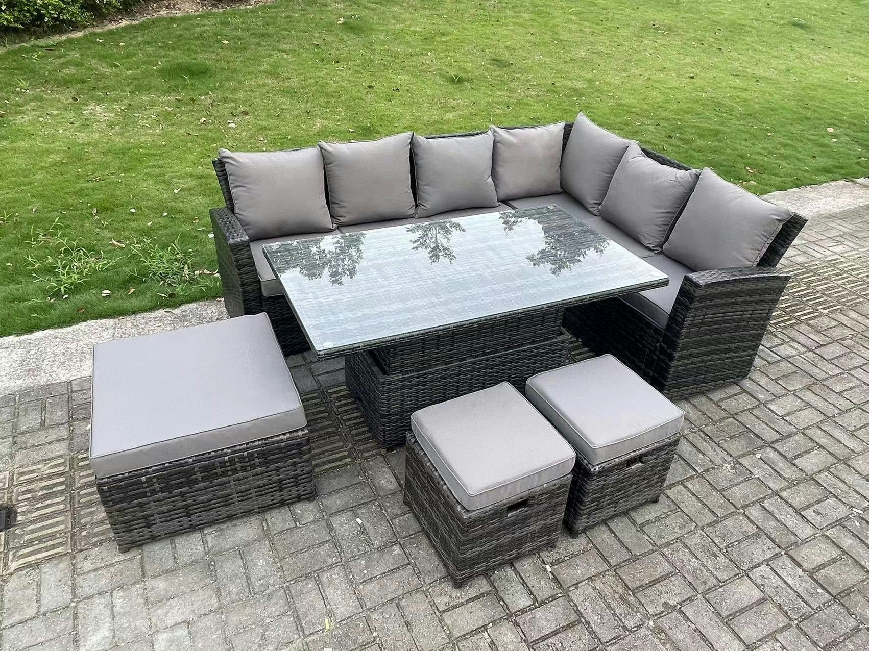 Fimous Dark/Grey 9 Seater High Back?Outdoor Rattan Adjustable Rising Lifting Dining Table Corner Sofa Set Garden Furniture Footstools Mixed Right Hand