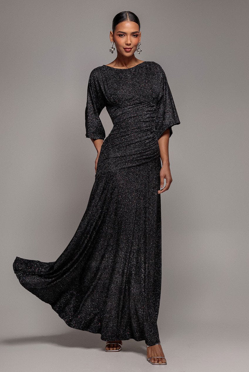 Goddiva Black Lurex Kimono Sleeve Gathered Waist Maxi Dress - By - 10