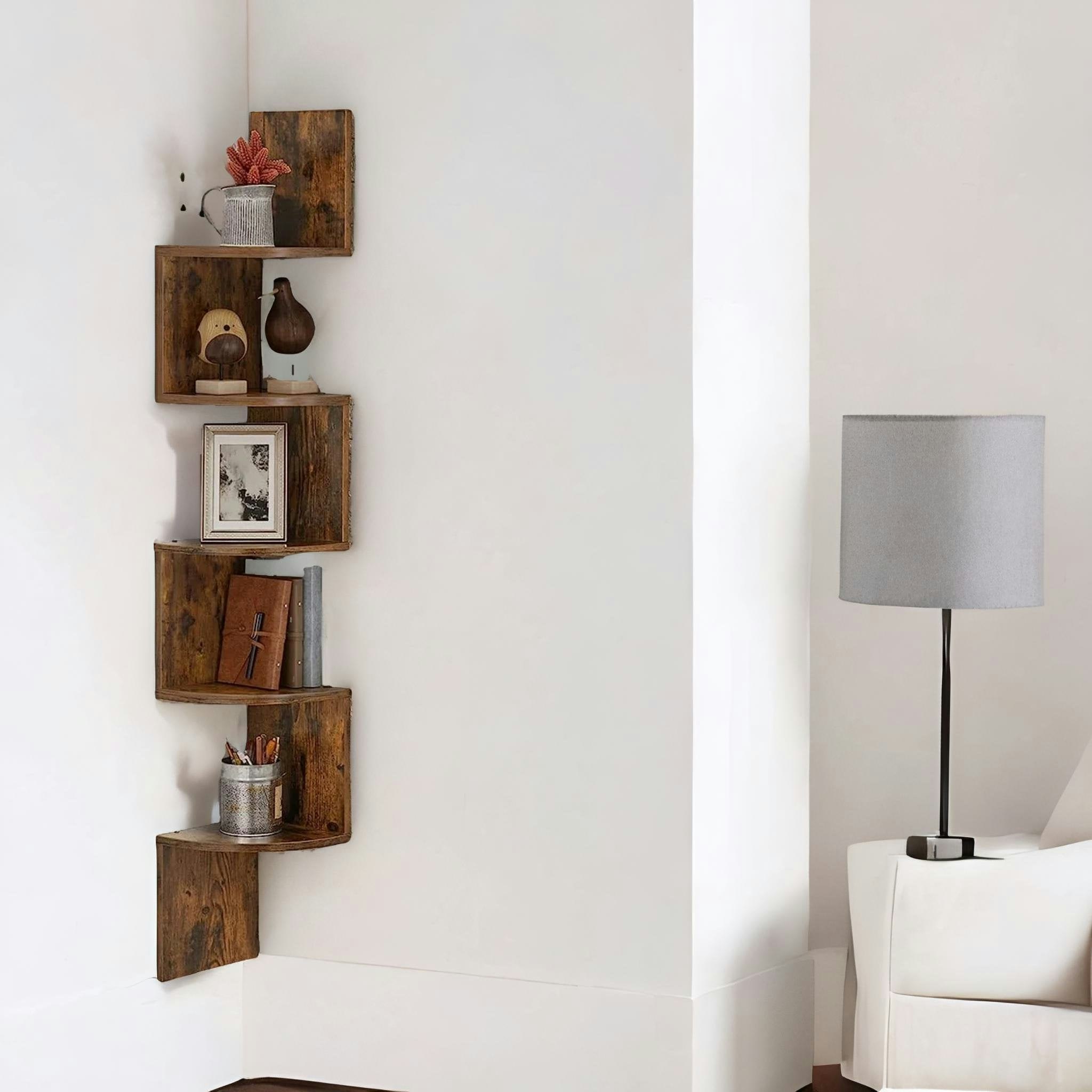 Rackhams Brown 5 Tier Wall Mounted Floating Corner Shelf Rustic