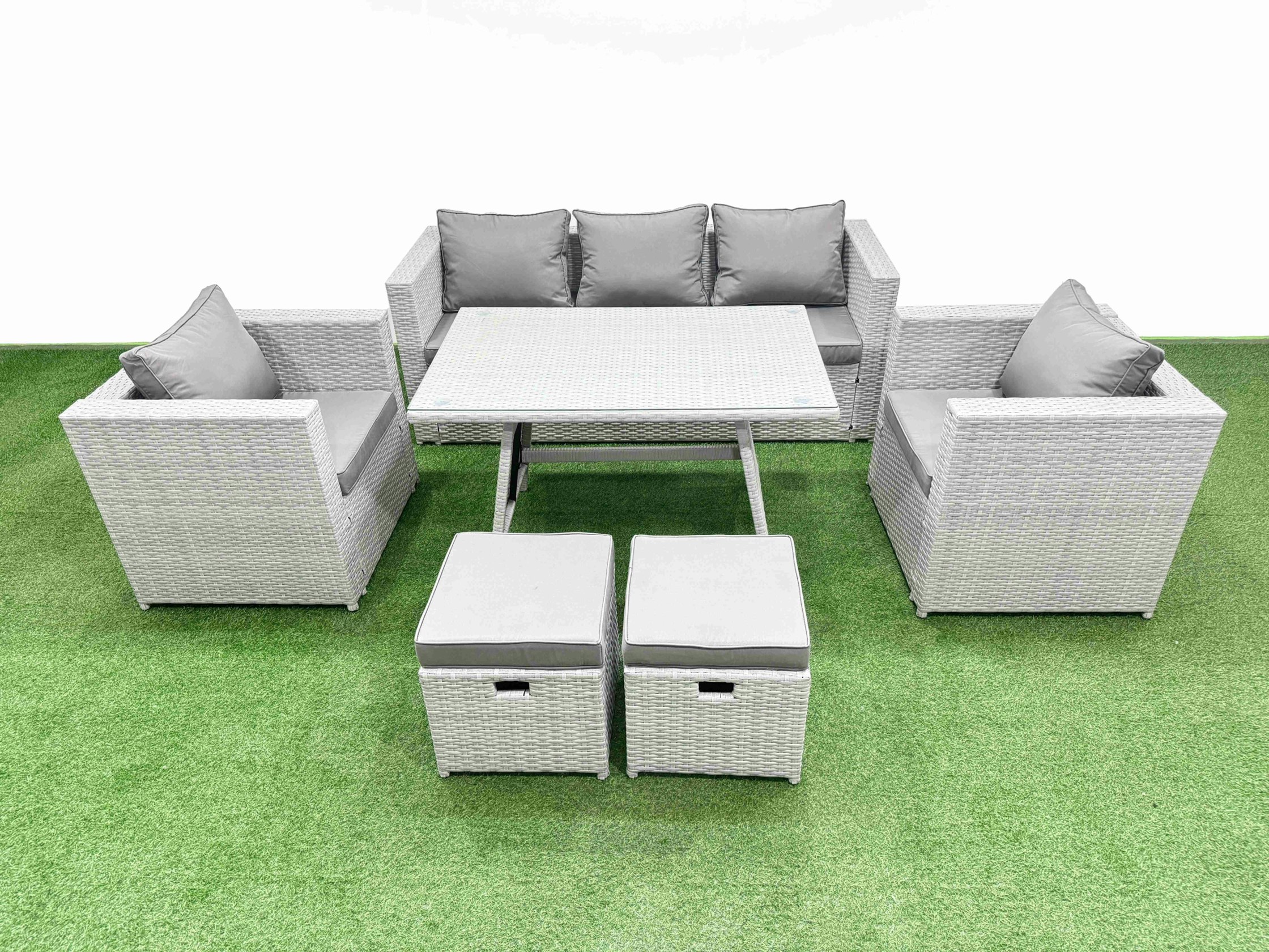Fimous Light/Grey 7 Pieces Outdoor Pe Rattan Sofa Armchair Set Patio Garden Furniture Sets With Cushions 2 Small Stools