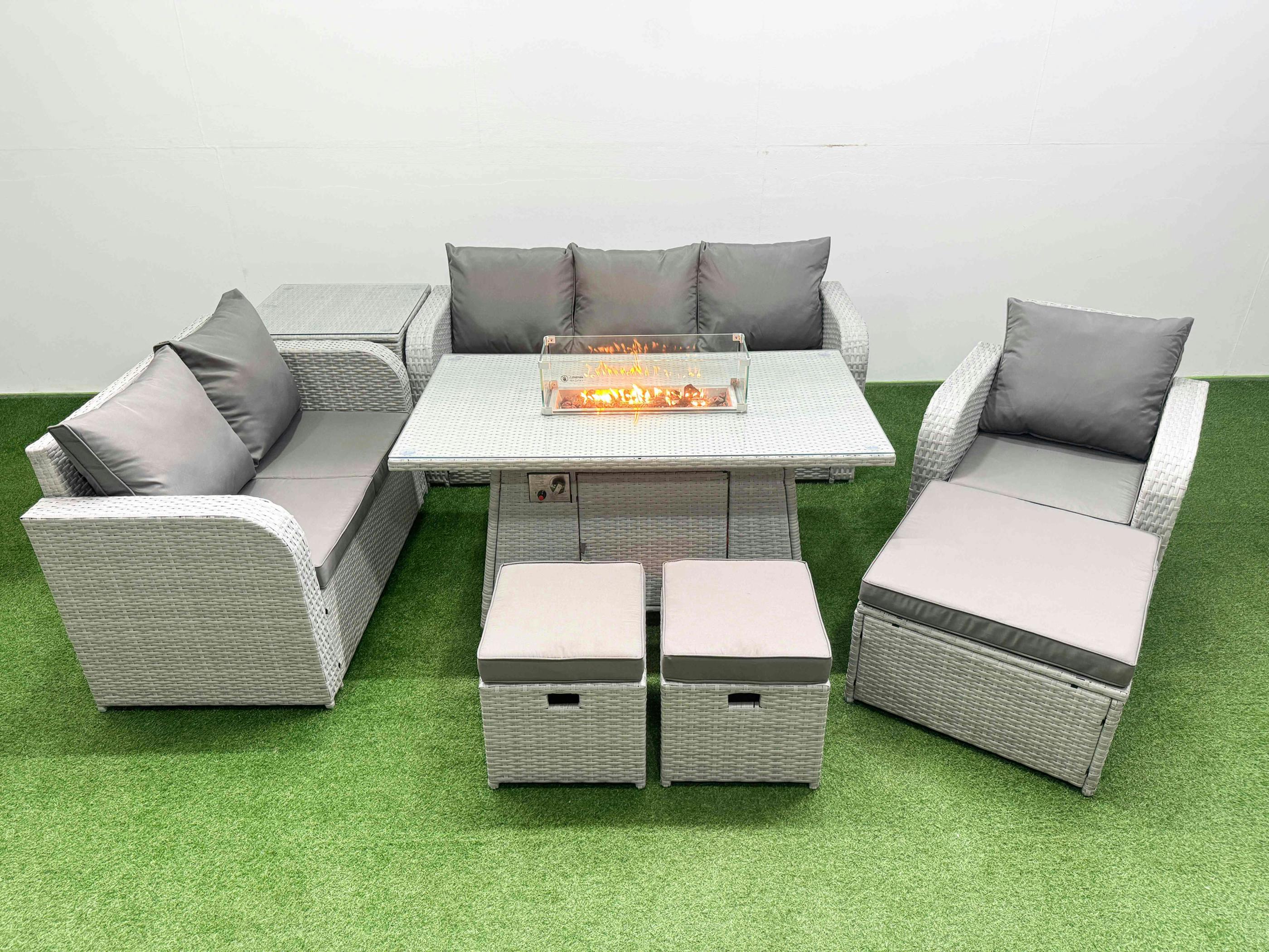 Fimous Light/Grey 9 Seater Rattan Garden Furniture Set With Firepit Table, Reclining Chair, 2 Sofas, 3 Stools, Side Table
