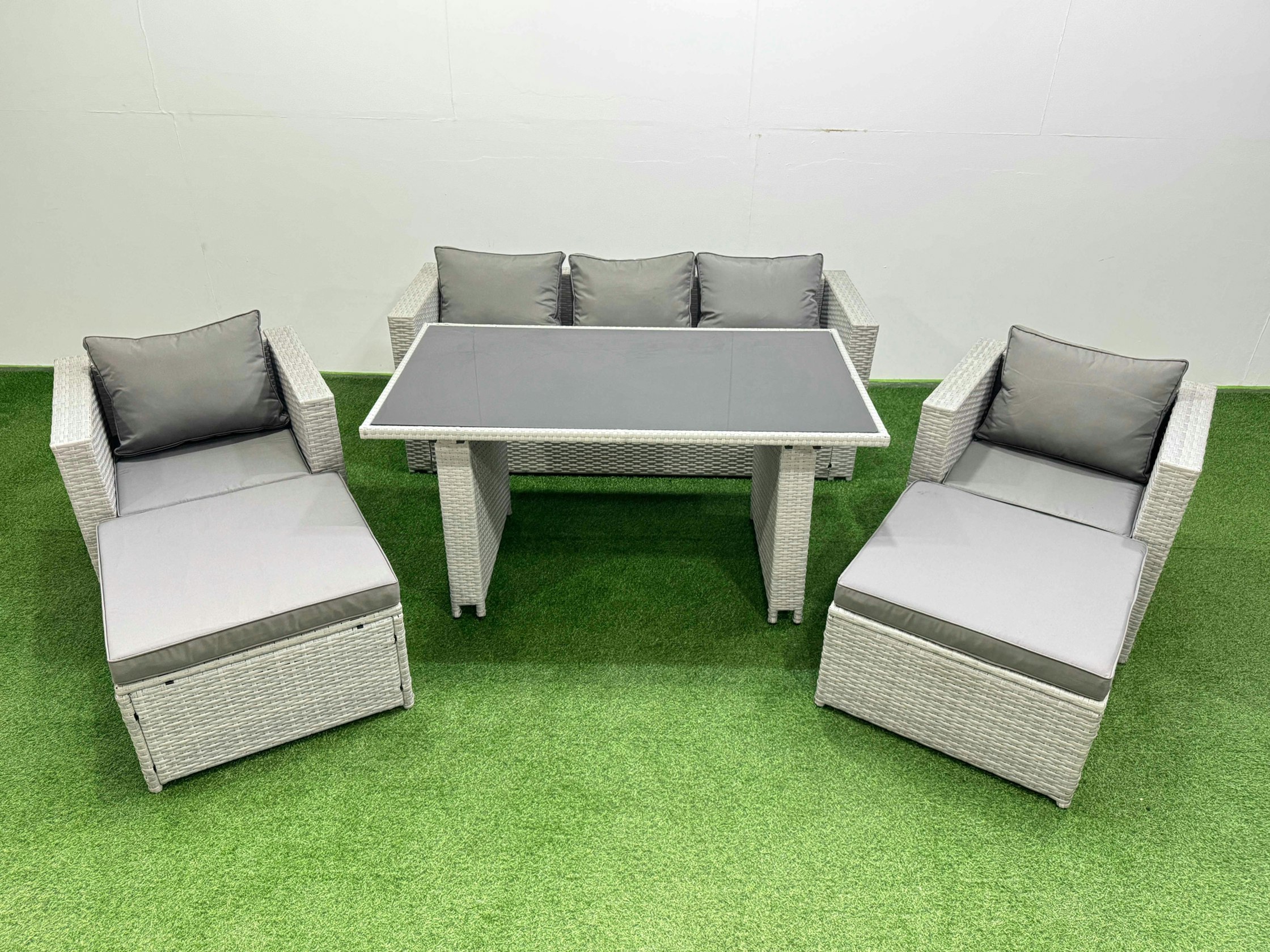 Rackhams Black/Light/Grey Patio Garden Furniture Sets With Glass Top Dining Table Armchair 3 Seater Sofa 2 Big Stool