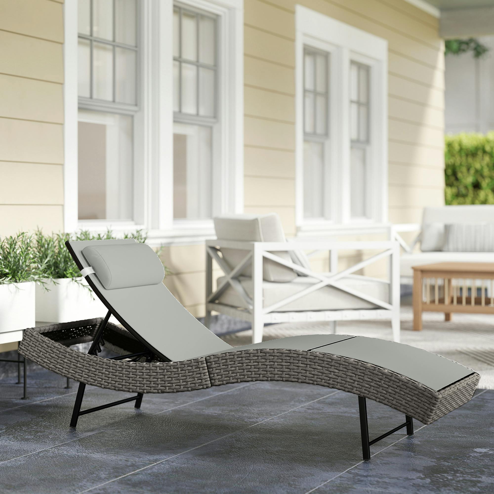 Rackhams Light/Grey Rattan Sun Lounger With 5 Position Back, Texteline Seat - 198 X 61 X 44 Cm