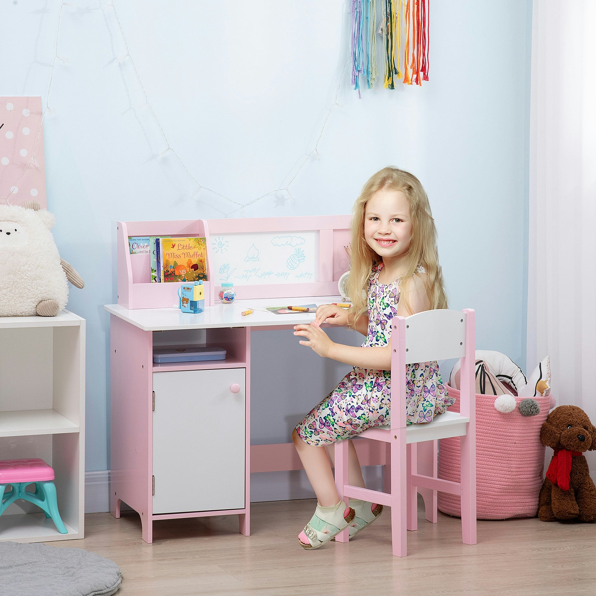 Homcom Pink Kids Desk And Chair Set 2 Pcs Childrens Table And Chair Set Multi Use Toddler Furniture With Whiteboard, Storage