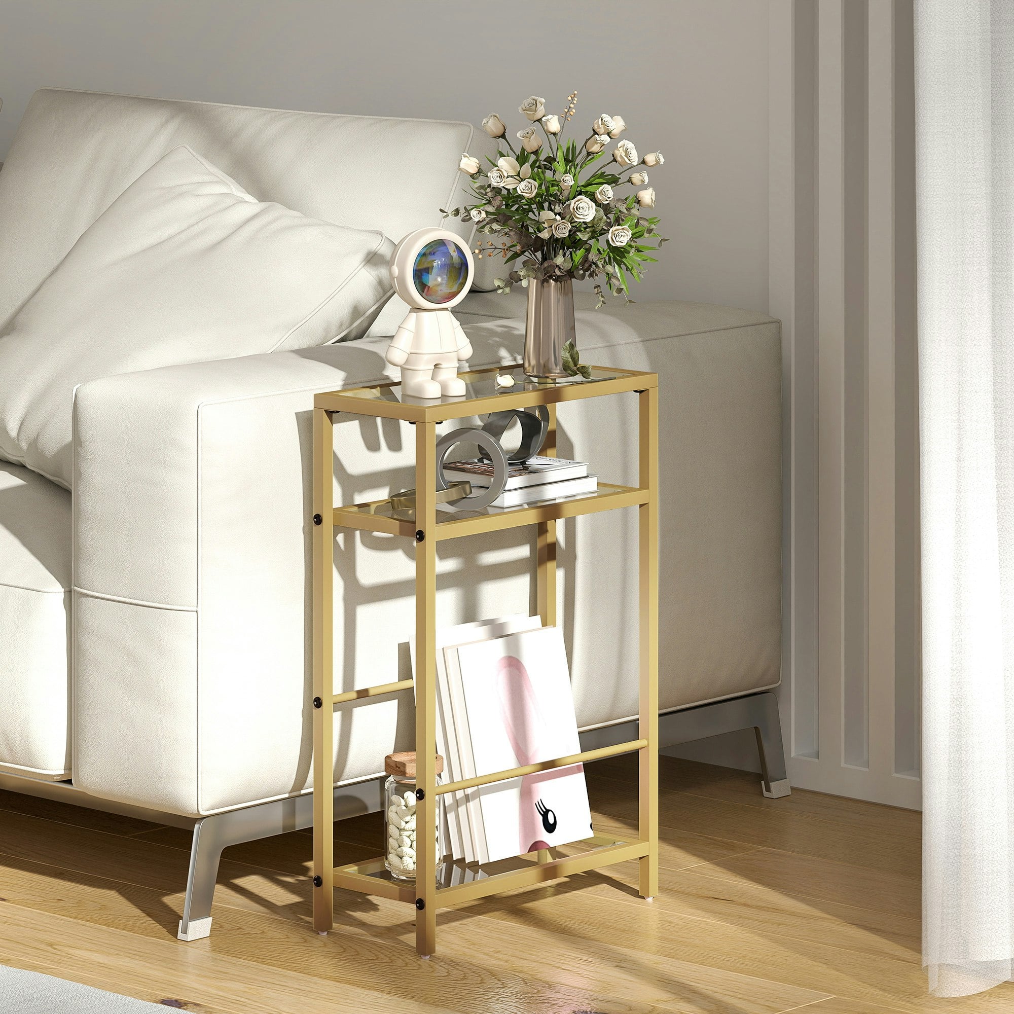 Homcom Gold Slim Side Table, End Table With Tempered Glass Tabletop,
