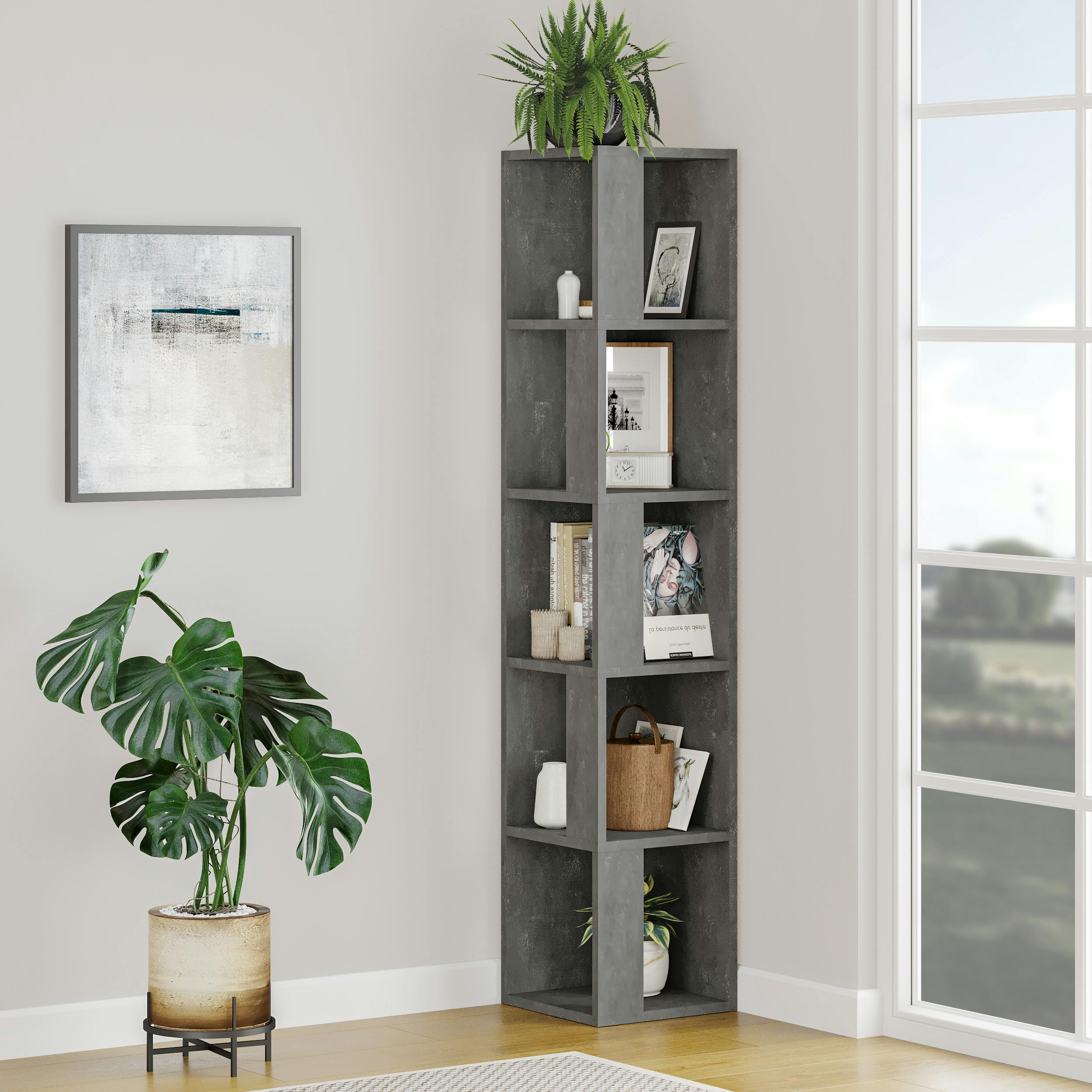 Rackhams Grey Piano Modern Corner Bookcase Tall Display Unit 158.9Cm - Retro