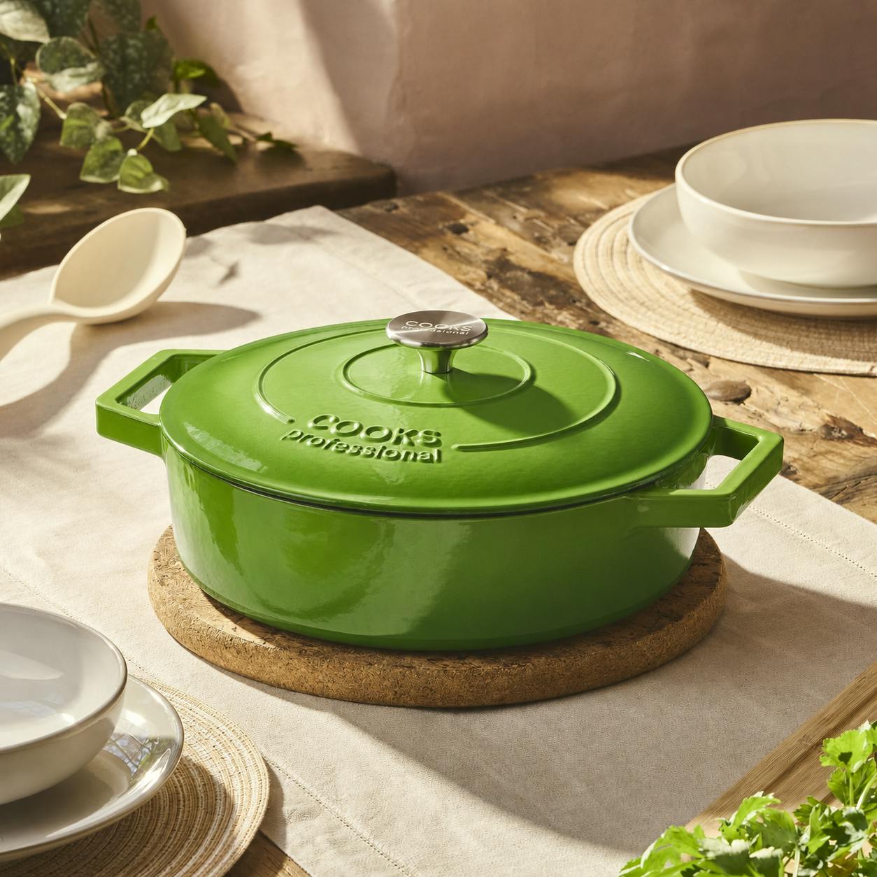 Rackhams Green 28Cm Shallow Cast Iron Casserole | Graduated