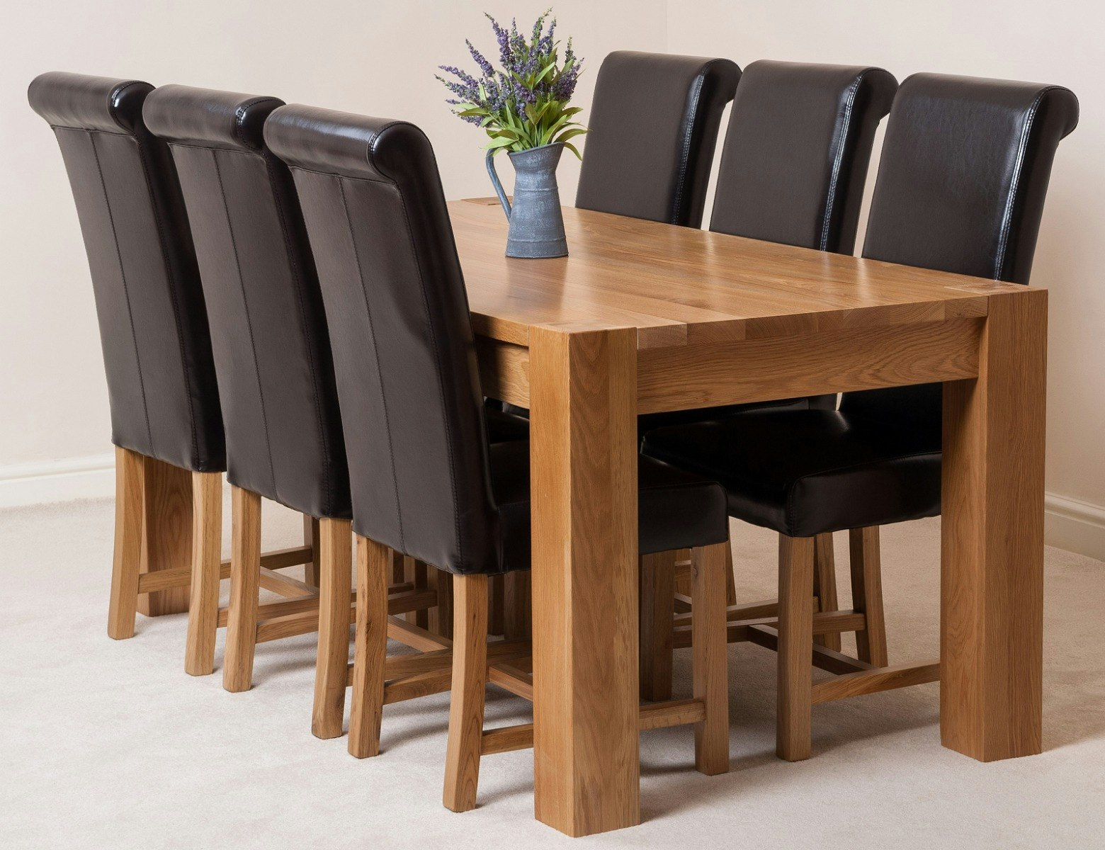Rackhams Brown Kuba Large Oak Dining Table With Washington Leather Chairs - 6 Chairs
