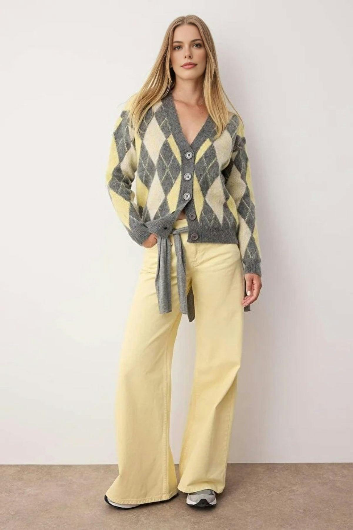 Wovcor Grey V-Neck Soft Texture Argyle Pattern Knit Cardigan - S