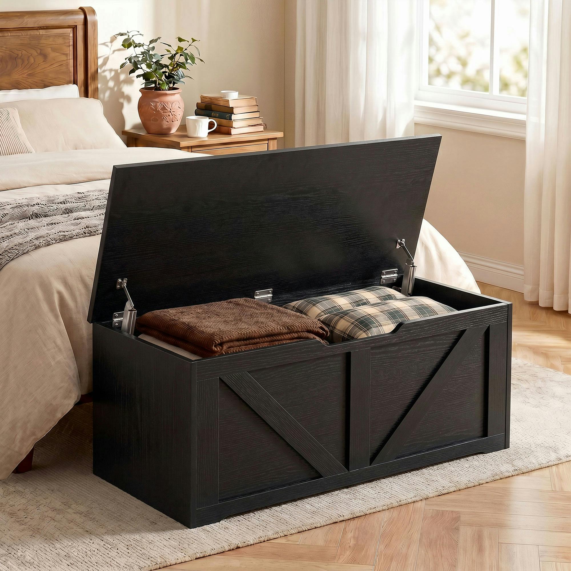Rackhams Black Storage Trunk For Living Room, With Safety Hinges, 100Cm