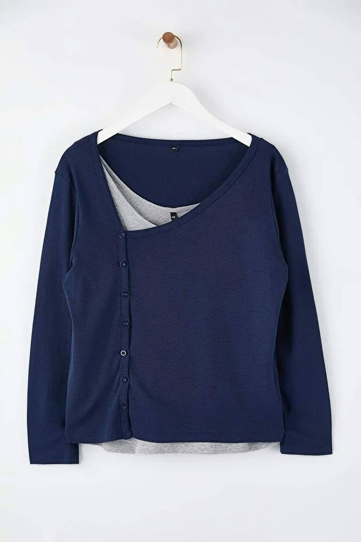 Wovcor Lycra Cotton Supreme Knit Plus Size Blouse - Navy - 6XL
