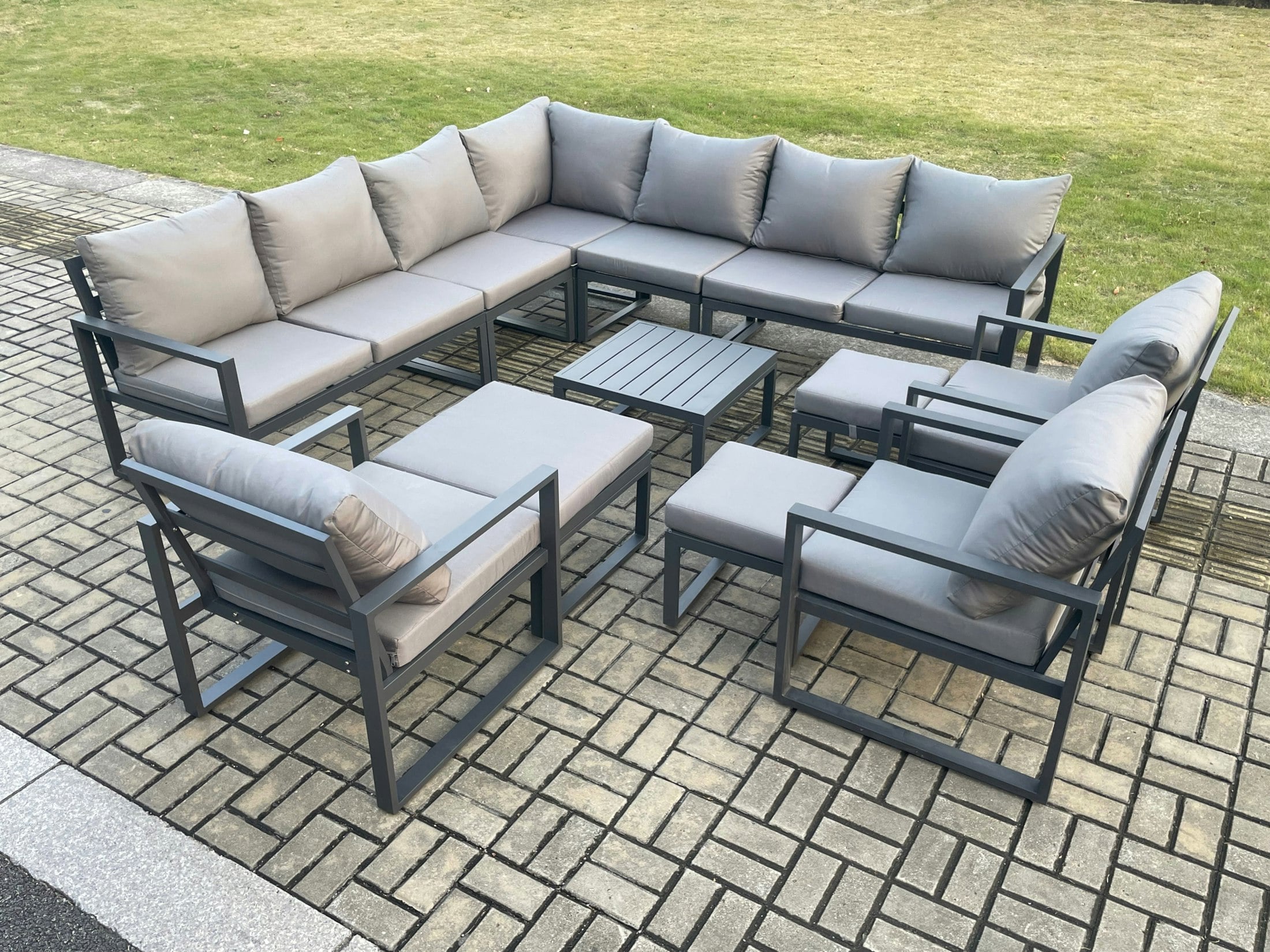 Fimous Dark/Grey 13 Seater Outdoor Garden Furniture Set Aluminium Lounge Corner Sofa Square Coffee Table 3 Pcs Chair Sets With 3 Footstools