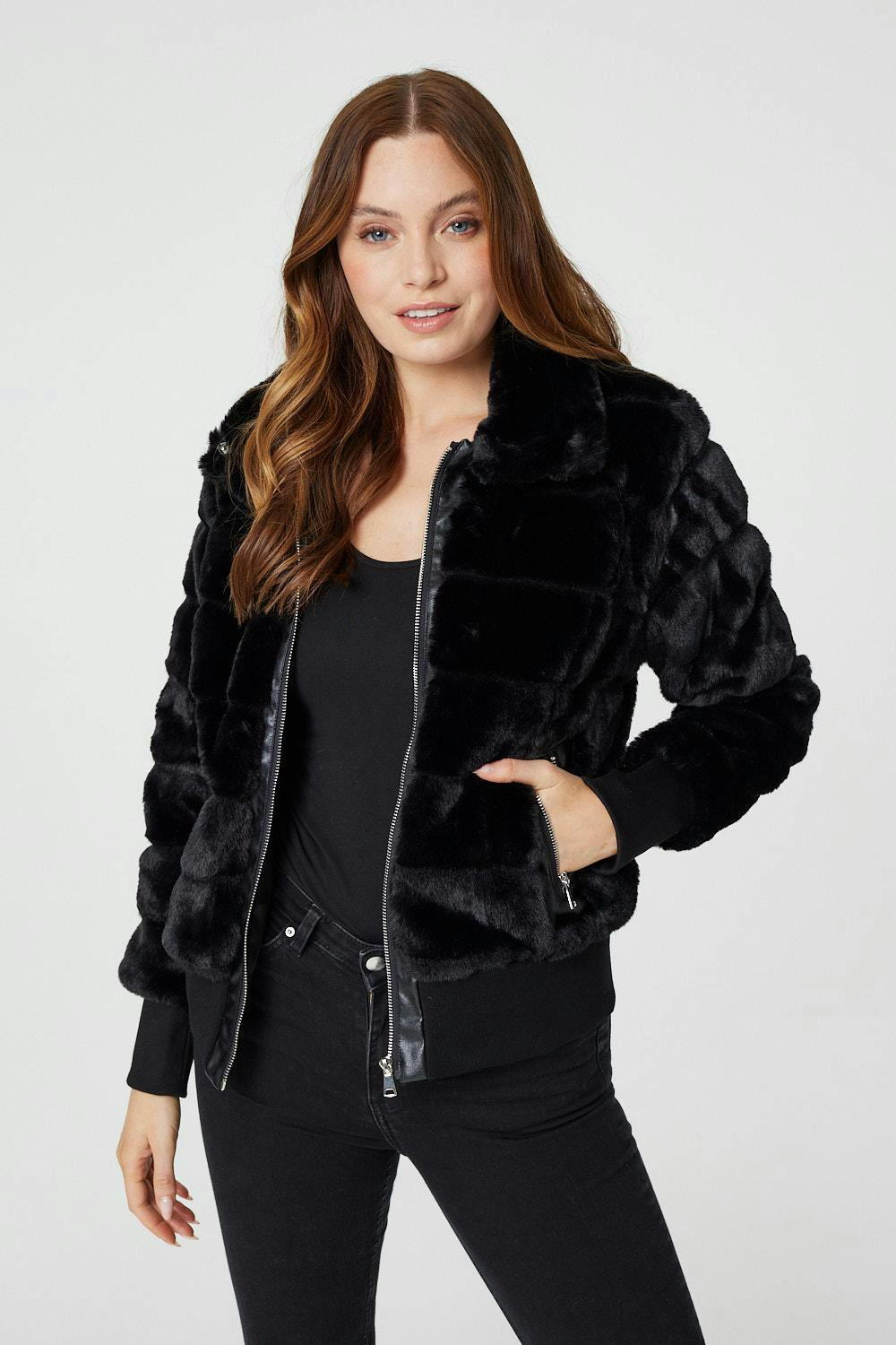 Izabel London Black Faux Fur Zip Front Jacket - 8