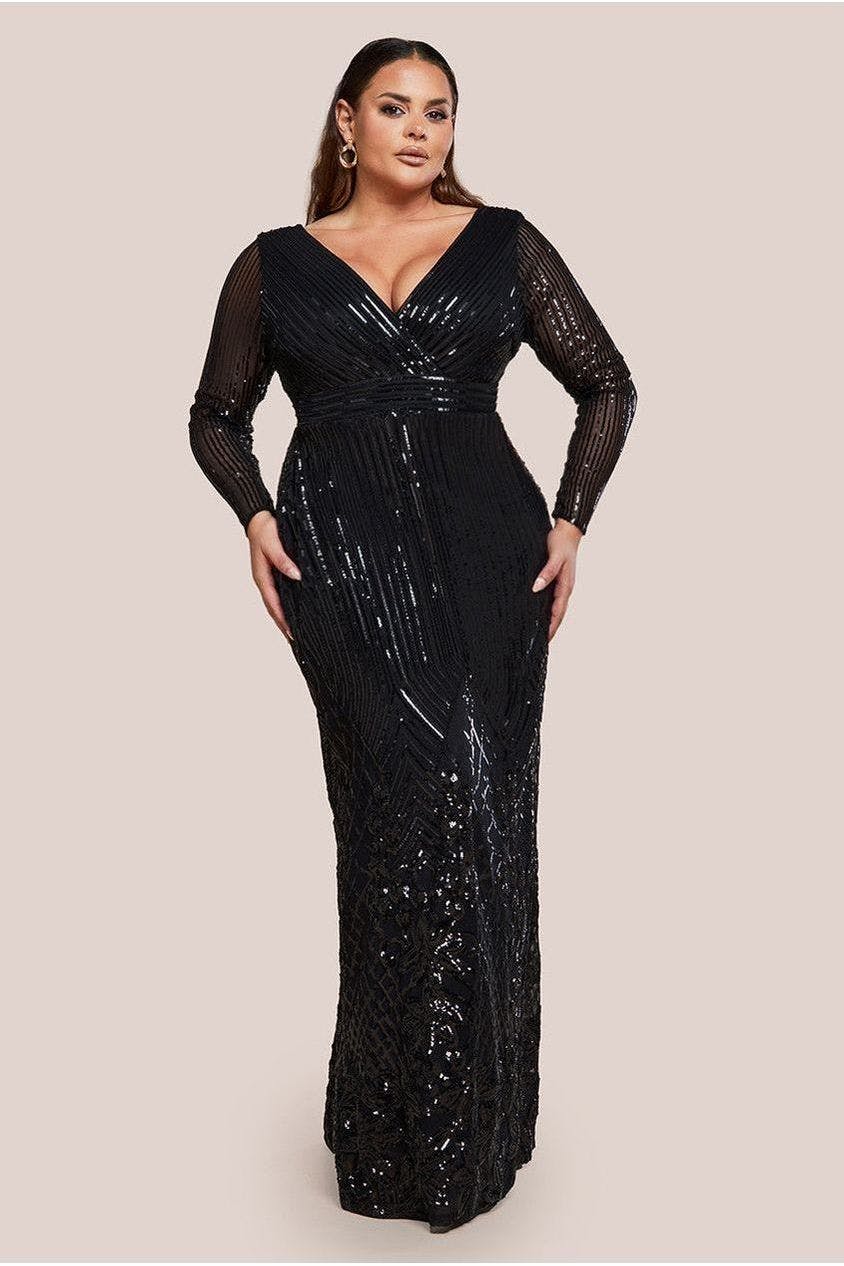 Goddiva Plus Black Long Sleeve Sequin V Wrap Maxi Dress - By - 26