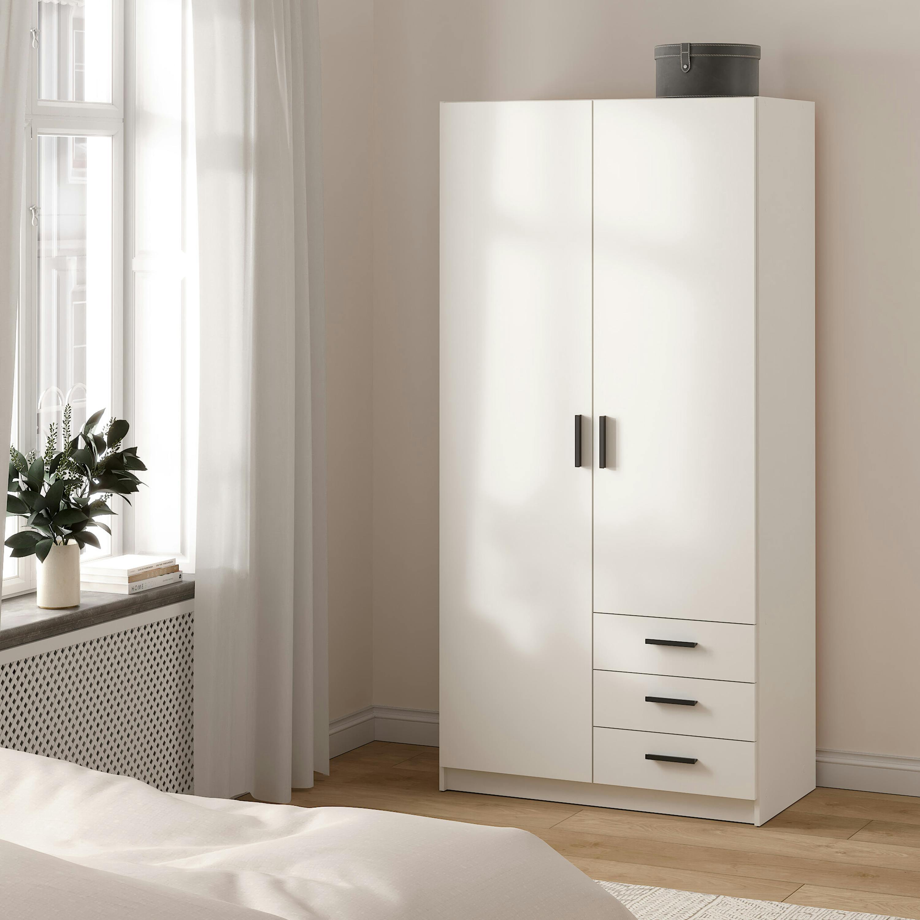 Rackhams White Sprint Wardrobe With 2 Doors + 3 Drawers In - W 98.5 X H 200.4 X D 49.8Cm - Malemine