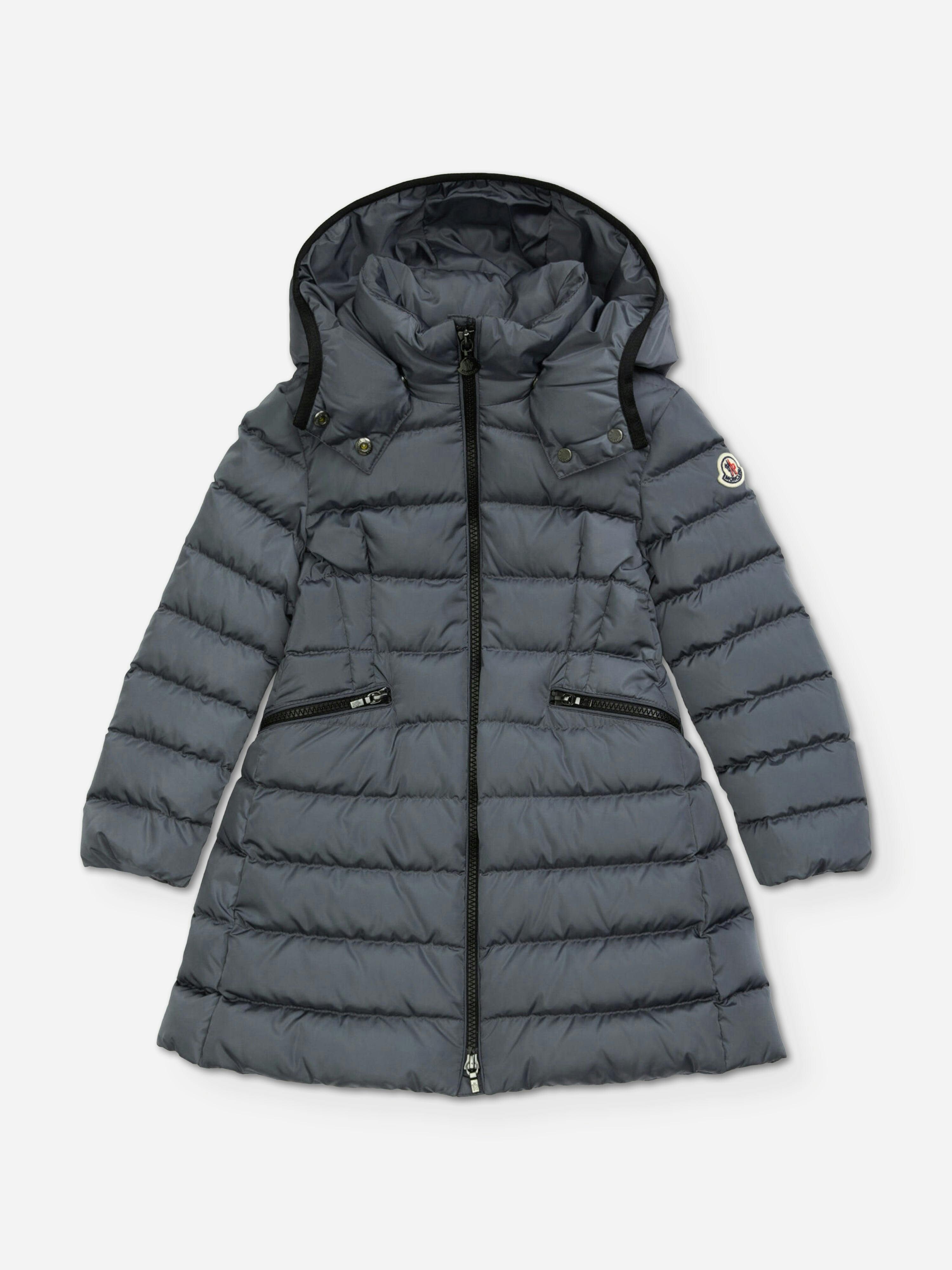Moncler Enfant Girls Grey Down Padded Charpal Long Coat In - 12 Yrs