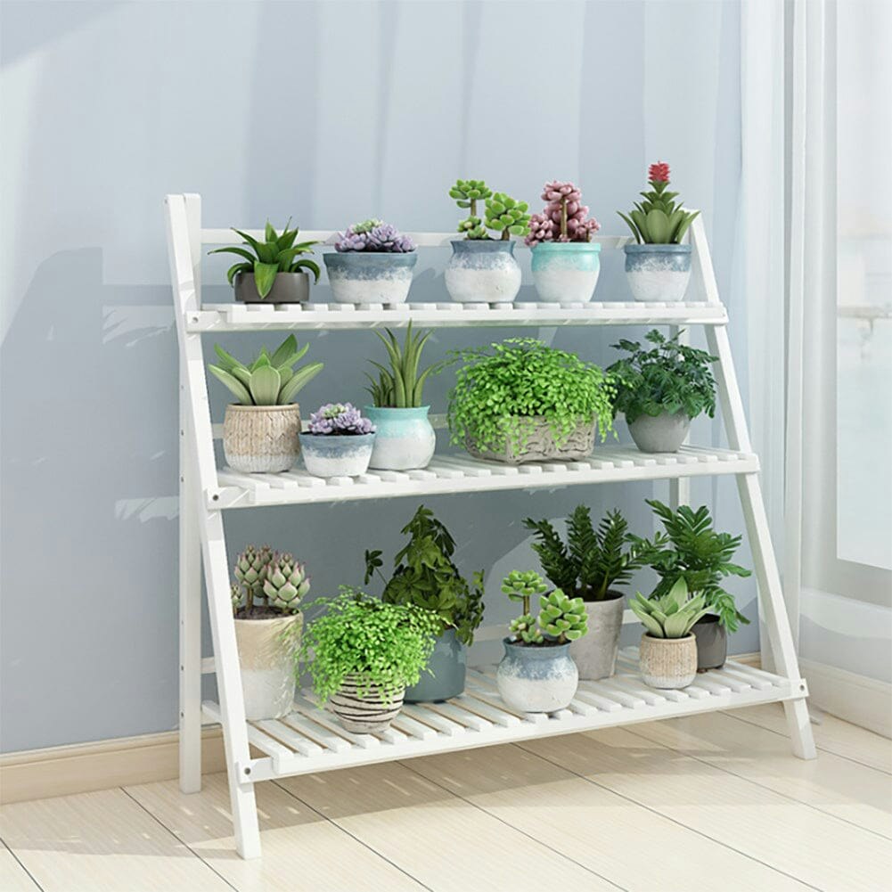 Rackhams White 3-Tier Foldable Plant Stand Wooden Ladder Shelf Natural