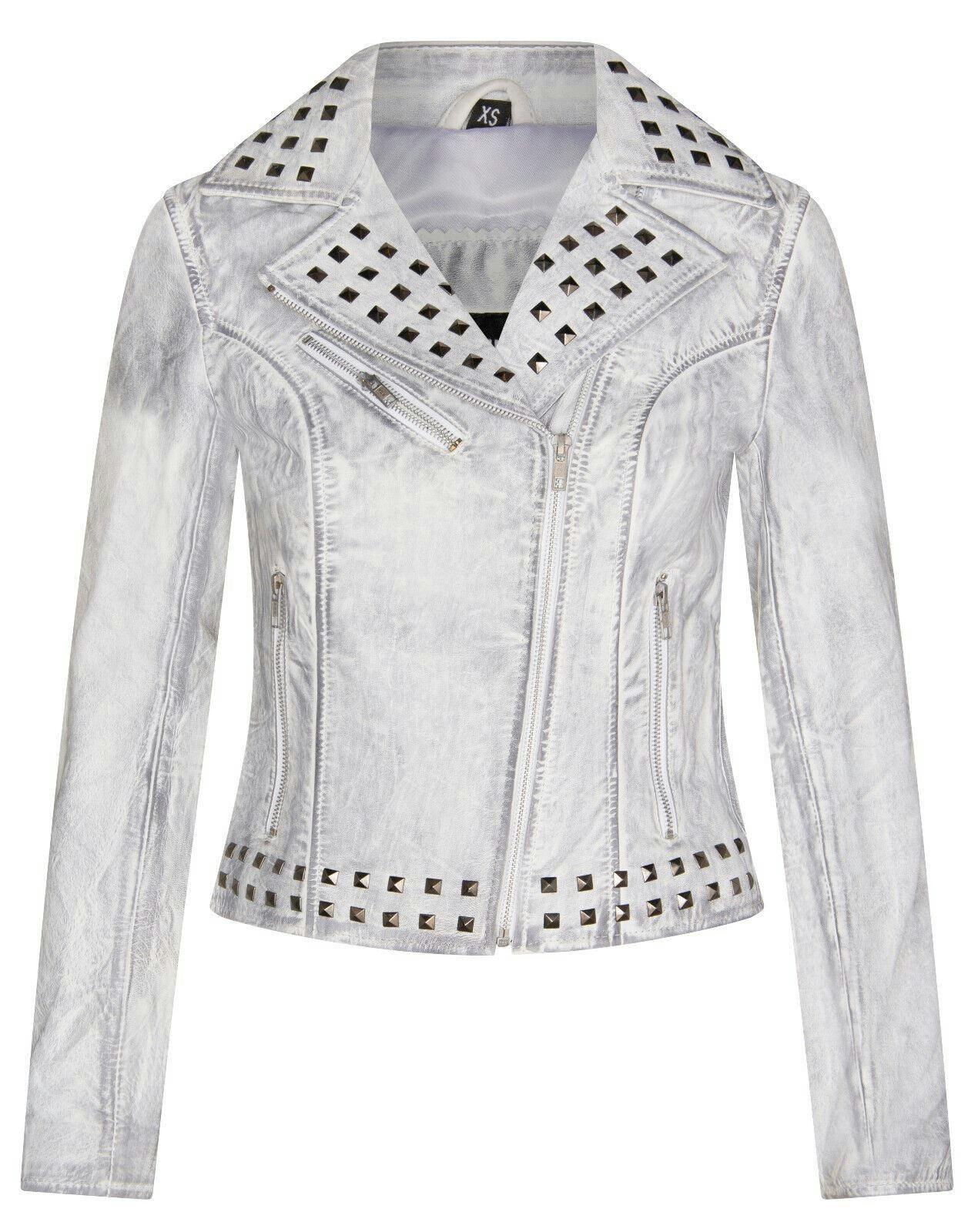 Infinity Leather Women's White Stud Goth Biker Leather Jacket-St. Albans - Uk 4XL/22 | Eu 48 | Us 18