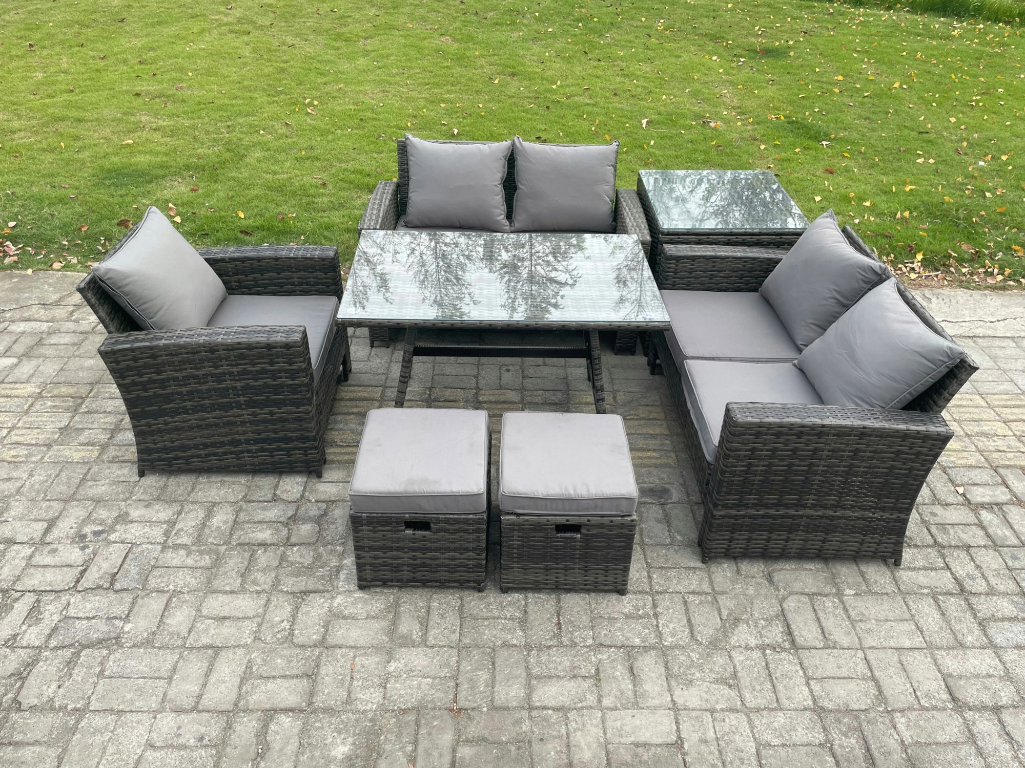 Rackhams Dark/Grey Outdoor Dining Set - Mixed Pe Wicker Rattan Sofa With Rectangular Table, Loveseat & 2 Small Footstools