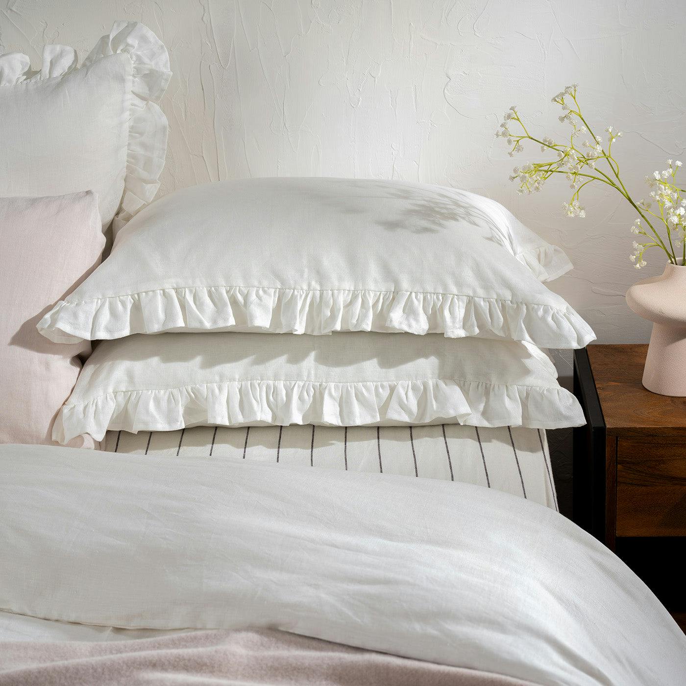 Rackhams White Ruffled French Linen Pillowcases - Standard - Oxford