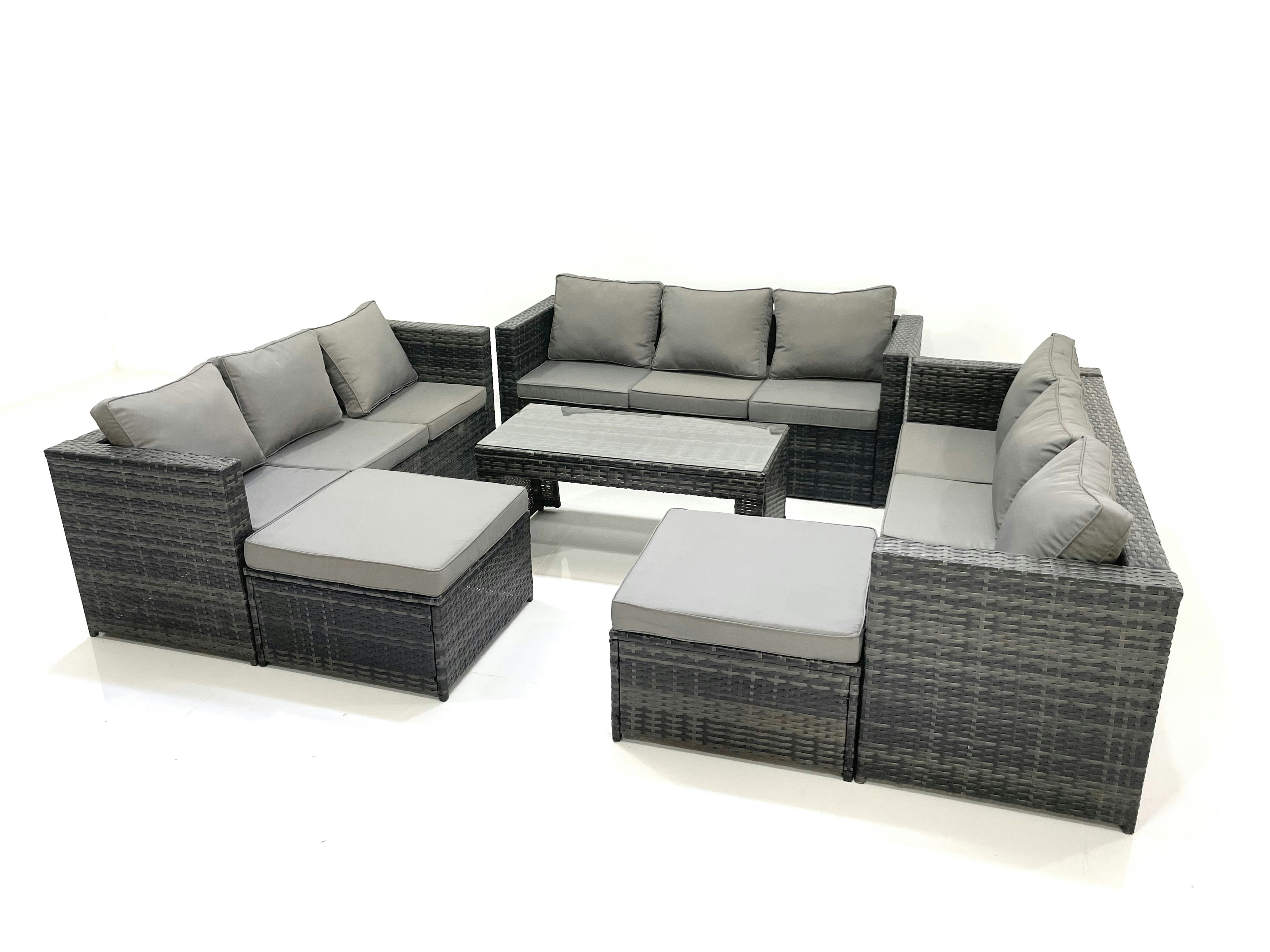 Rackhams Dark/Grey Outdoor Garden Furniture Set 6 Pieces Rattan Sofa Set With Coffee Table 2 Big Footstools Mixed
