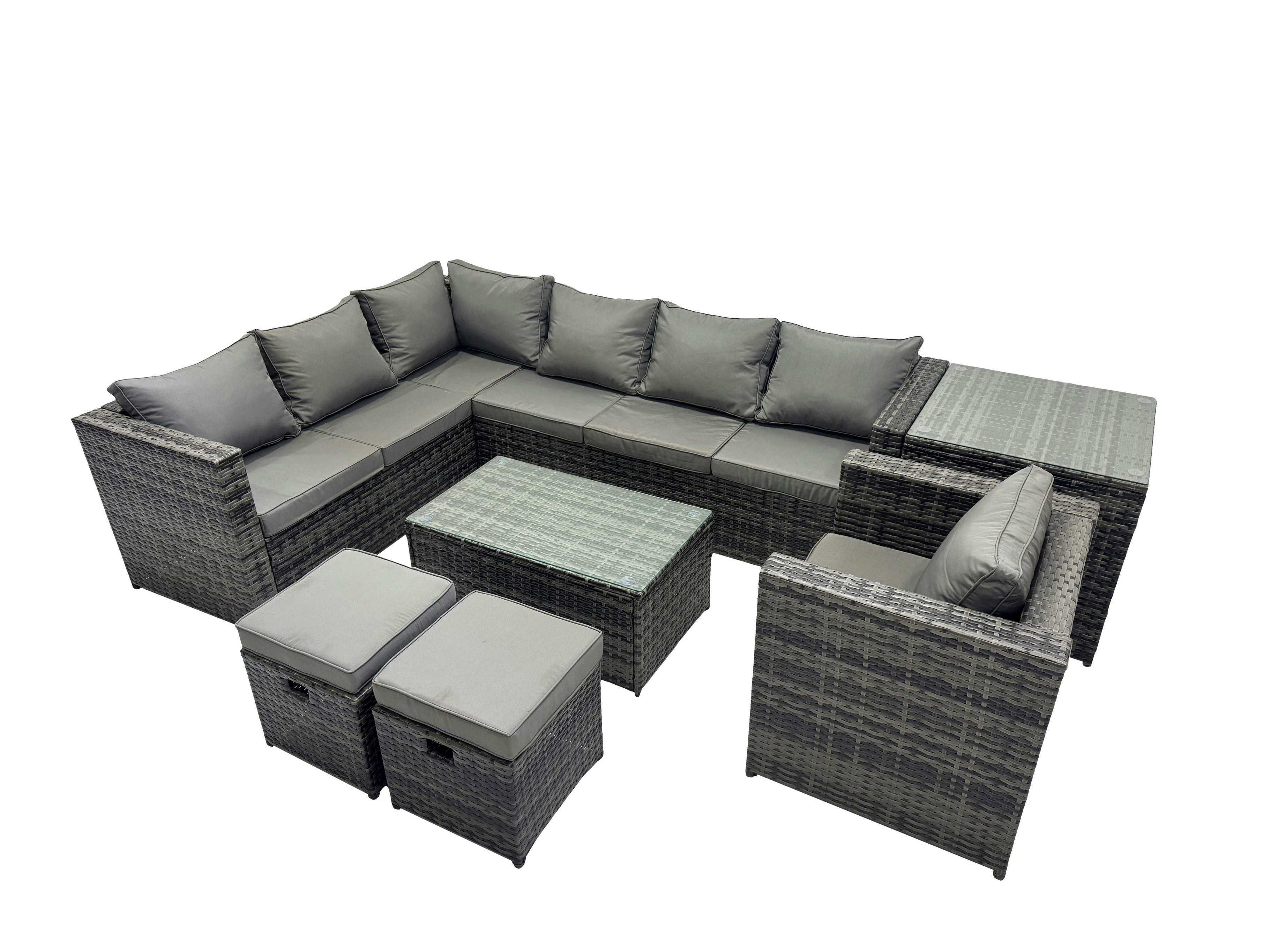 Fimous Dark/Grey Outdoor Rattan Rectangular Coffee Table Corner Sofa Setss Garden Furniture Set With Side Table 2 Small Stools Mixed