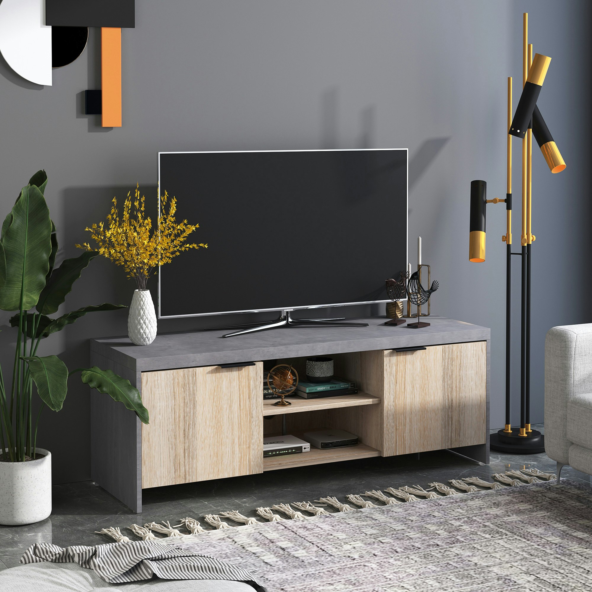 Homcom Grey Wooden Tv Stand Cabinet Home Furniture Entertainment Unit Storage Shelves