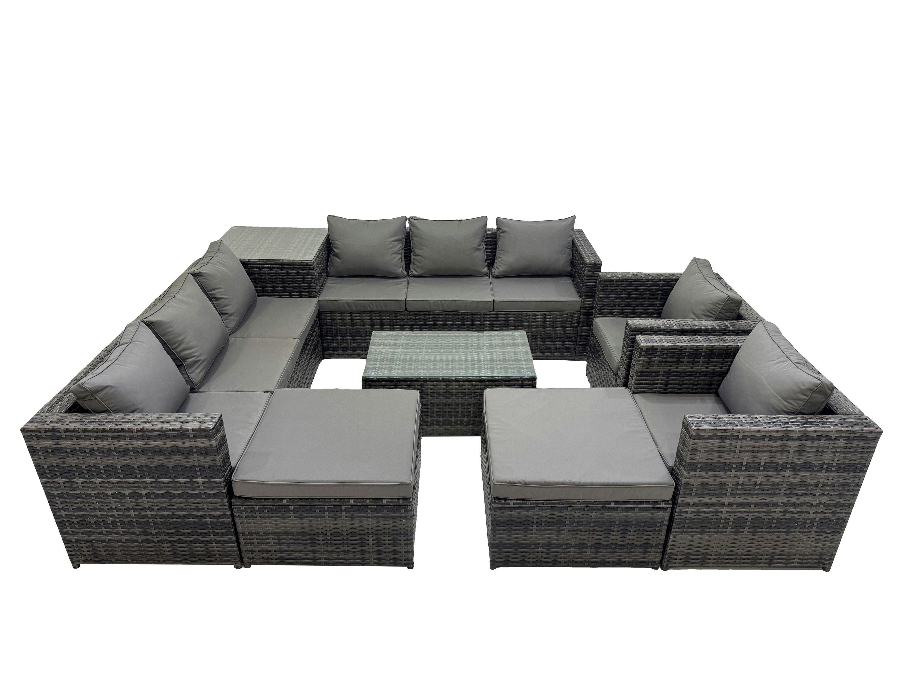 Fimous Dark/Grey 10 Seater Garden Outdoor Rattan Furniture Set Patio Corner Sofa Rectangular Coffee Table With 2 Big Stools Side Table
