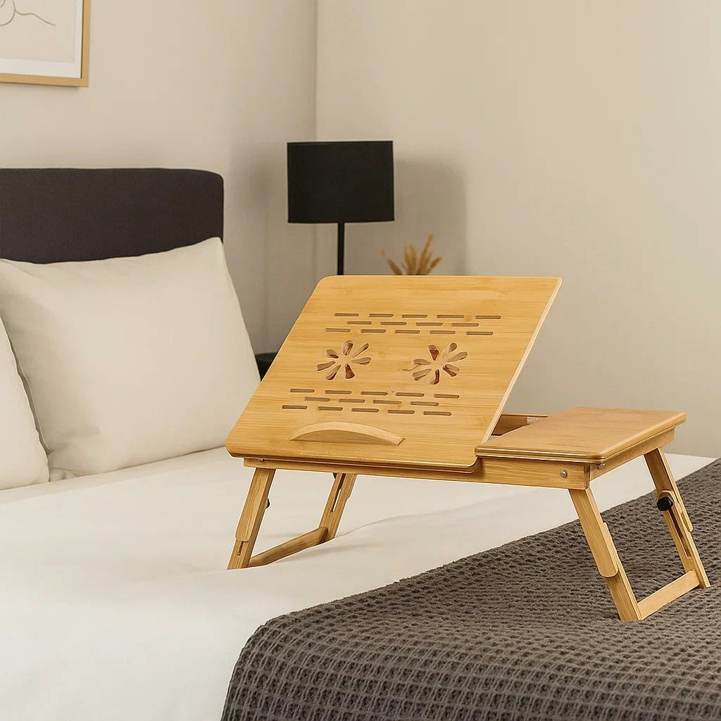 Modcraft Adjustable Bamboo Laptop Bed Tray Table With Drawer, Folding Stand For 14" Laptops, Portable Desk